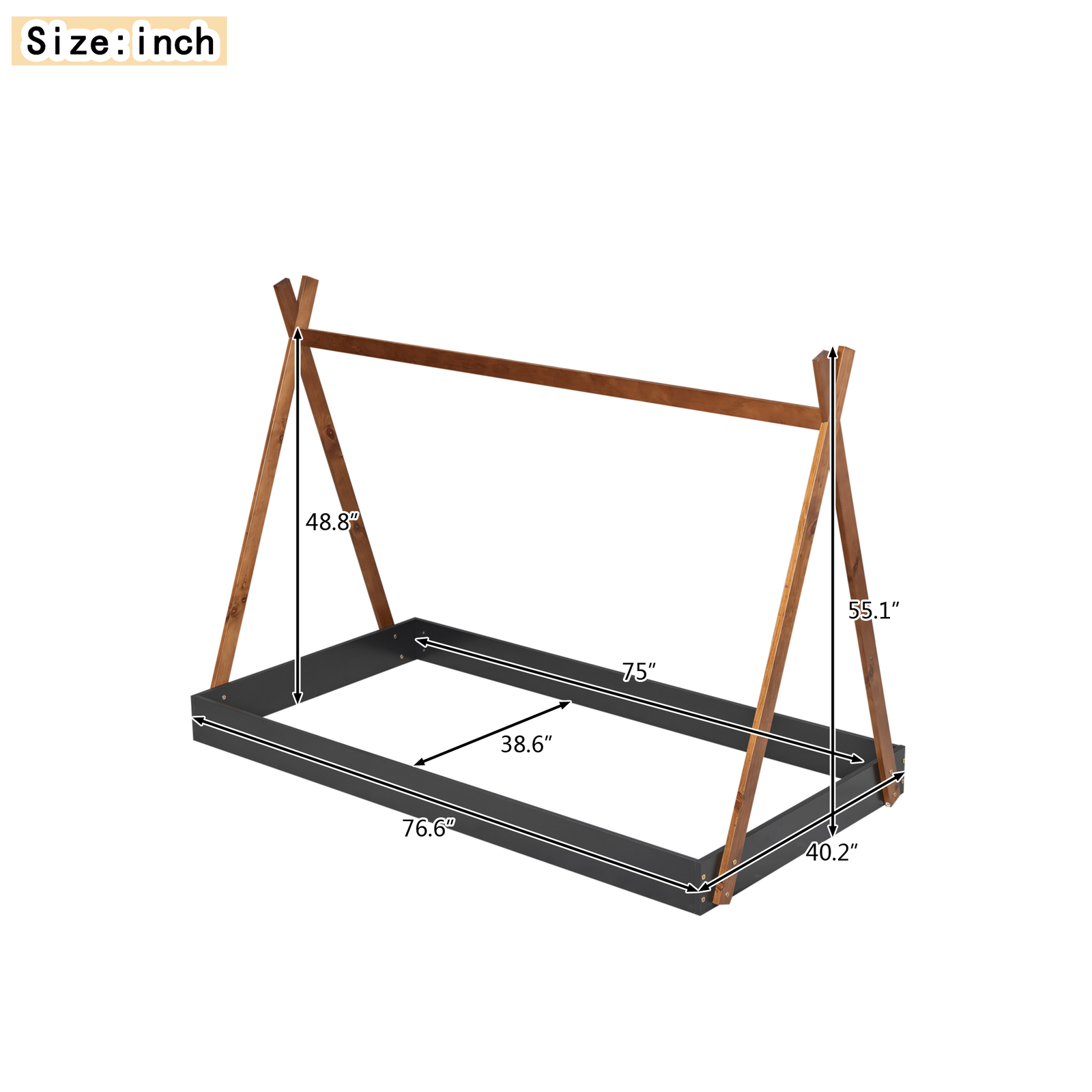Twin Size Floor Bed Solid Wood House Bed Kid Tent Bed w/ Triangle Structure