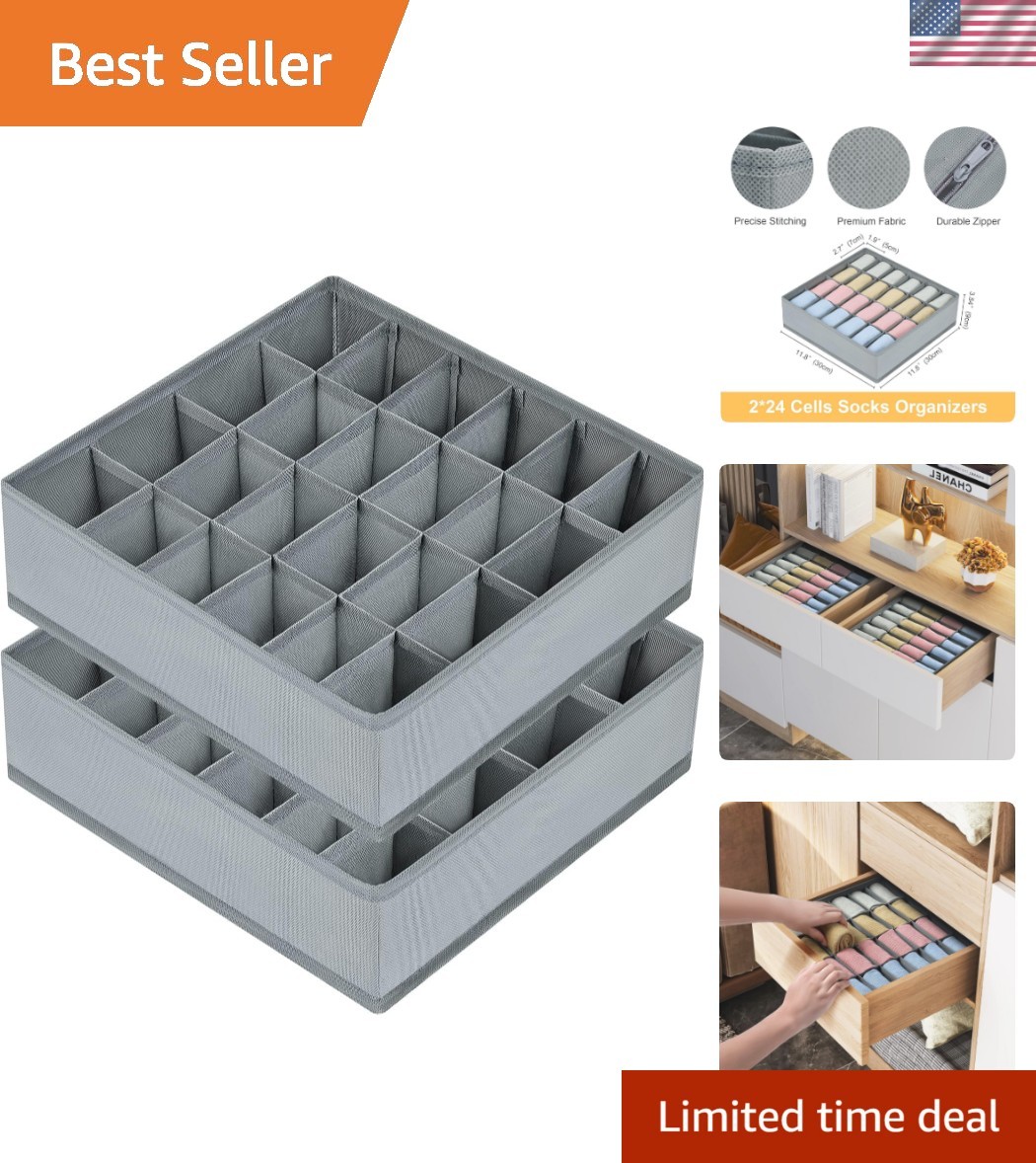Sock Drawer Organizer Divider 2 Packs Underwear Organizer, 24 Cell Closet Org...