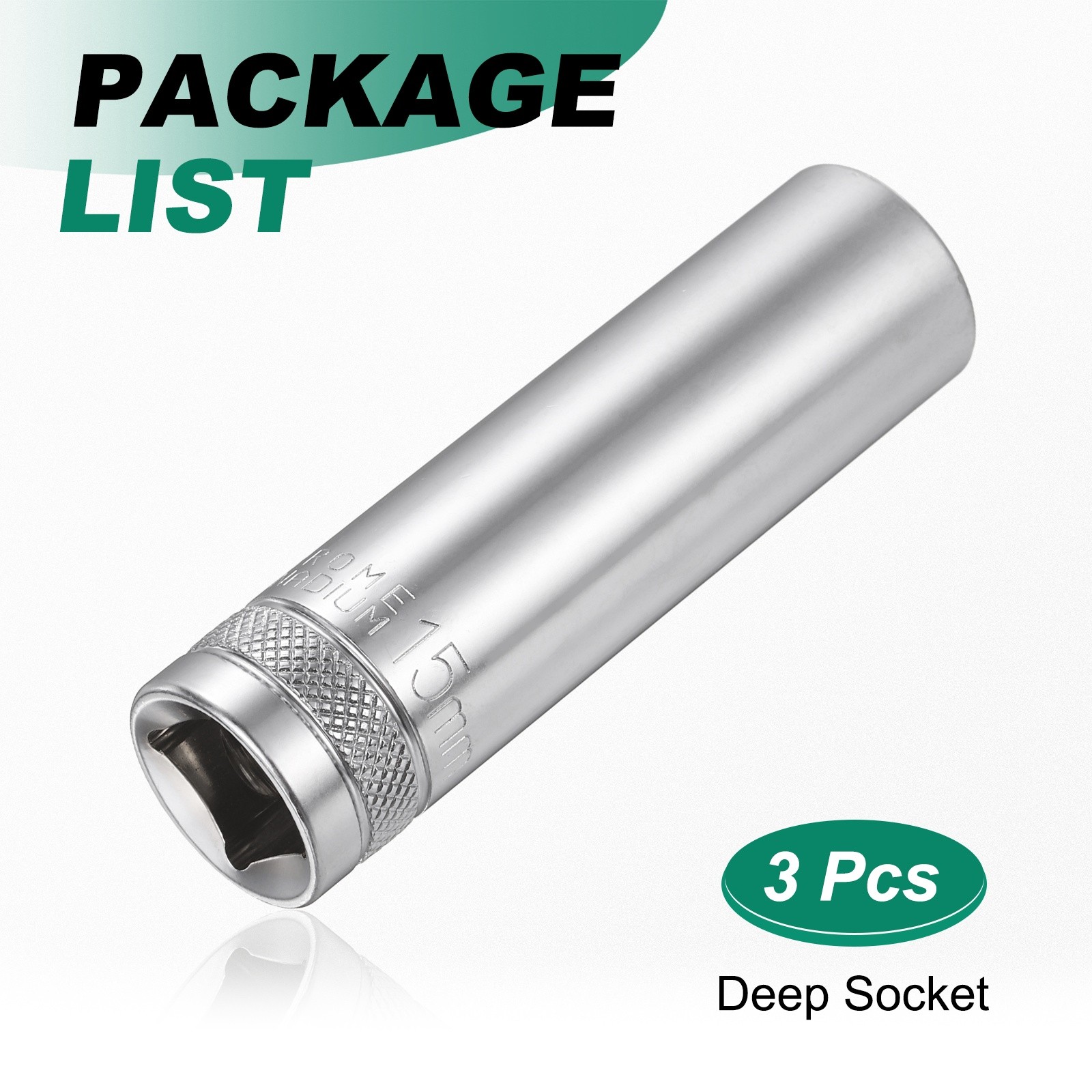 3pcs 6 Points Deep Socket 1/2" Drive 15mm Nickel Plating Hex Socket 3.1" Long