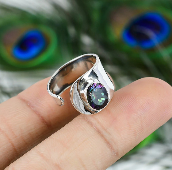 Solid 925 Silver Mystic Topaz Ring Handmade Adjustable Band Ring All Size SR583