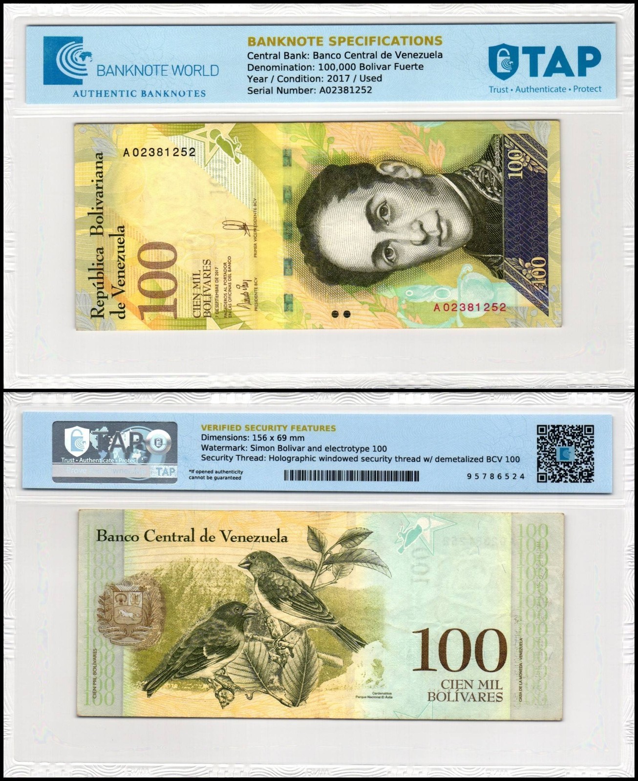 Venezuela 100000 Bolivar Fuerte, 2017, P-100, Used, TAP Authenticated