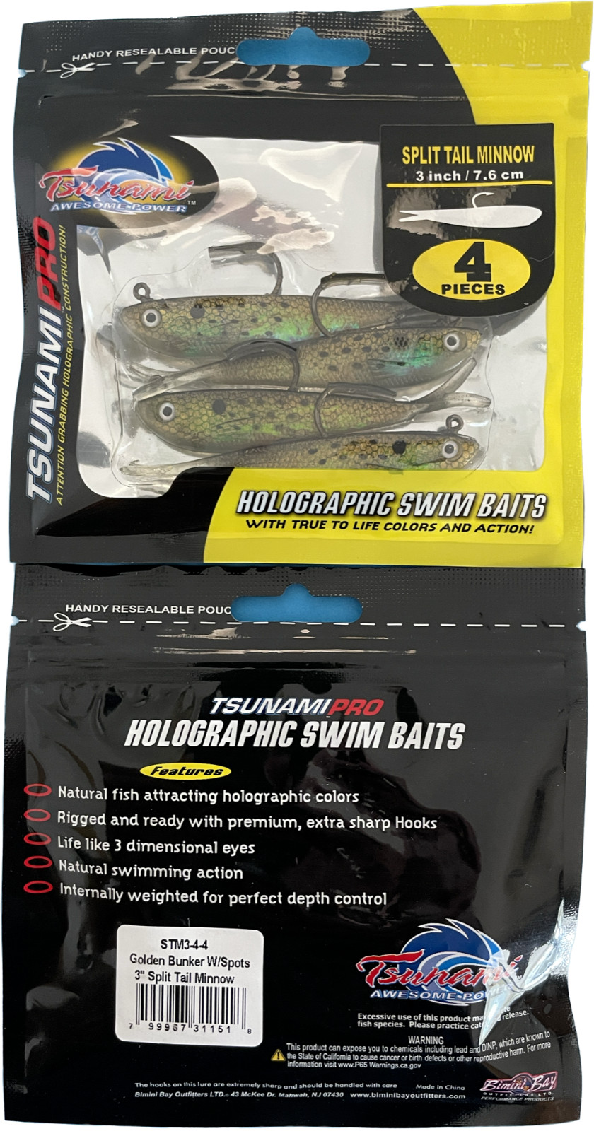 Tsunami Holographic Split Tail Minnow 3" Golden Bunker Spots 4 Per Pack STM3-4-4
