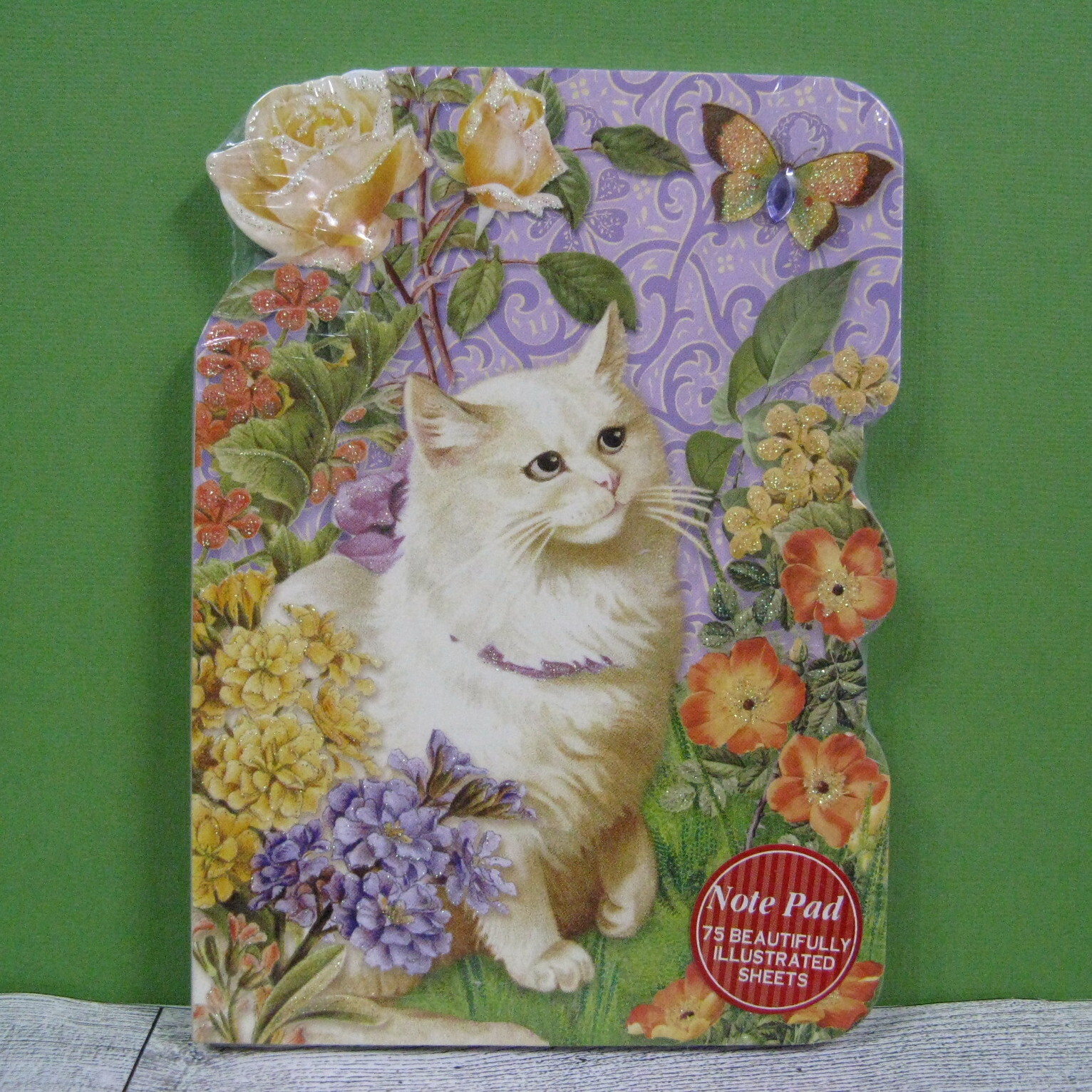 Punch Studio Cat Note Paper Pad White Cat And Flowers Die Cut Vtg Collage New