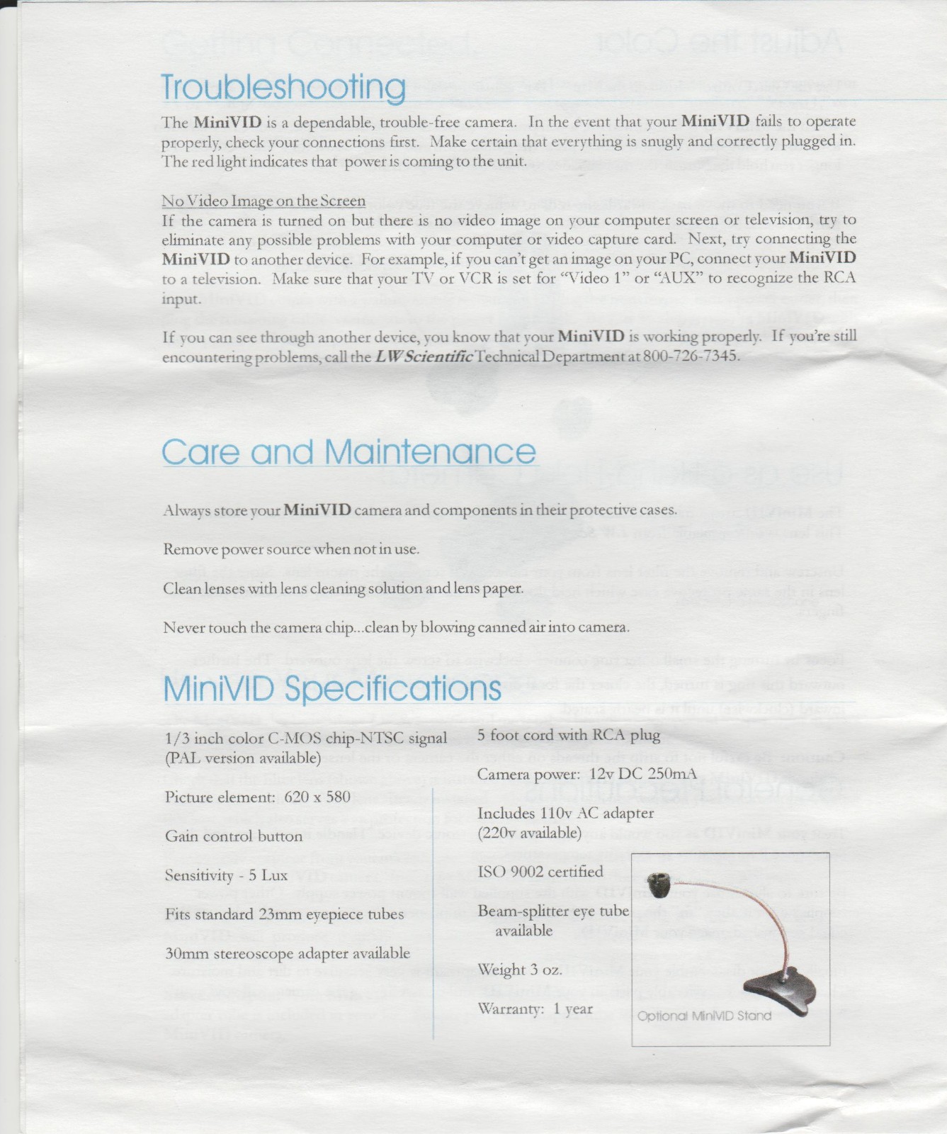 LW Scientific Minivid Microscope Camera Kit RCA Composite Video Out