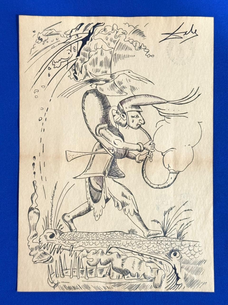Salvador Dali (Handmade) Drawing on antique paper Signed and Sealed.