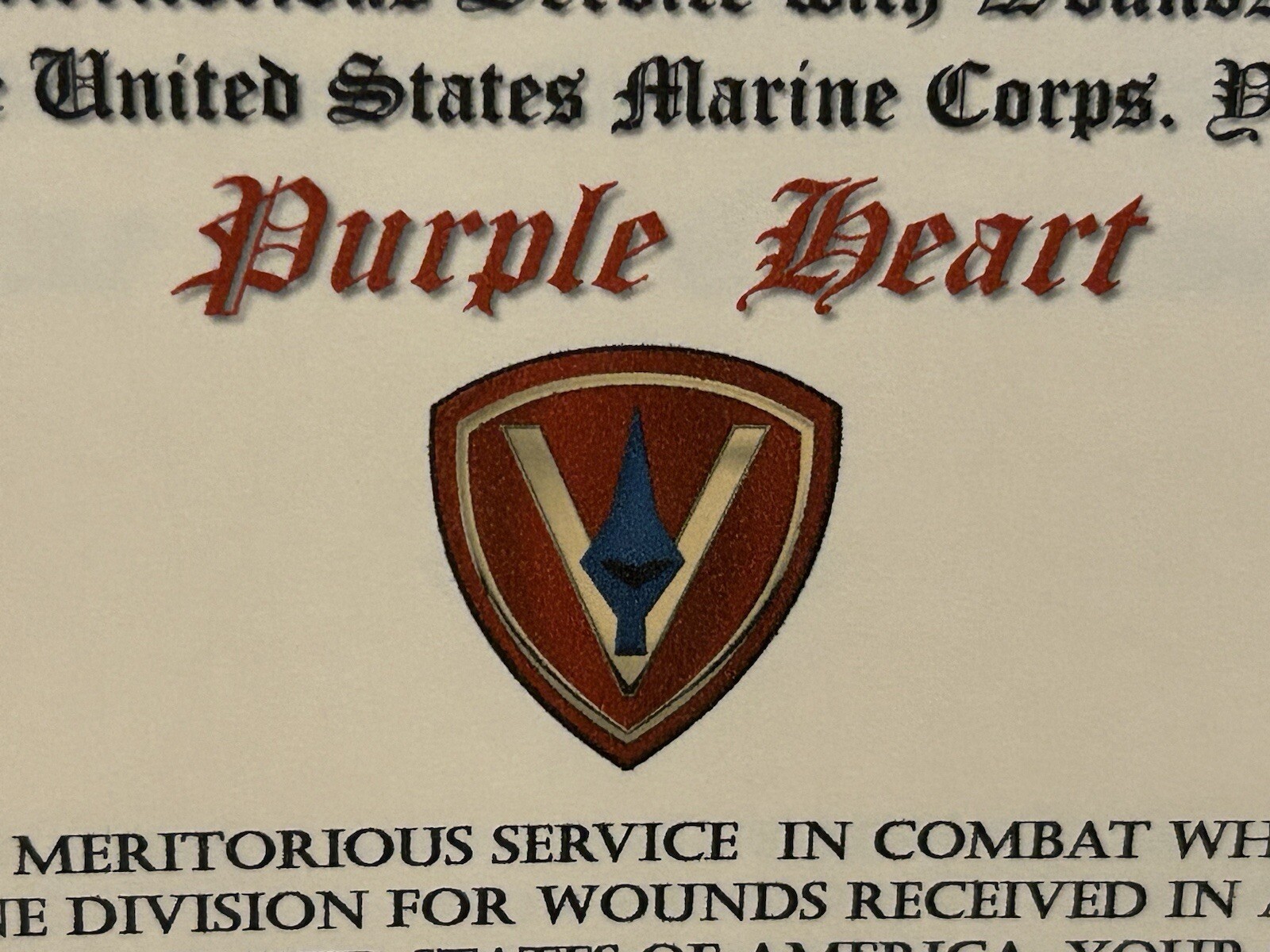 U.S.M.C. / P.H. MEDAL COMMEMORATIVE CERTIFICATE - 5TH MARINE DIVISION