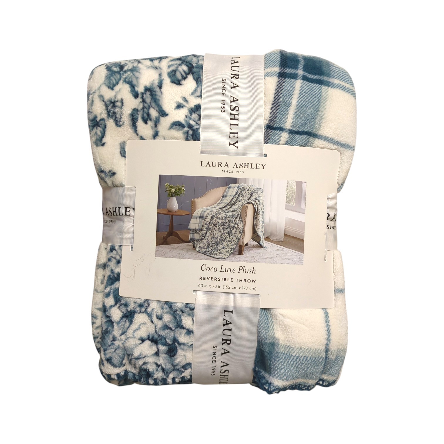 Laura Ashley Coco Luxe Plush Reversible Throw Blanket, 60in x 70in, Smoke Blue