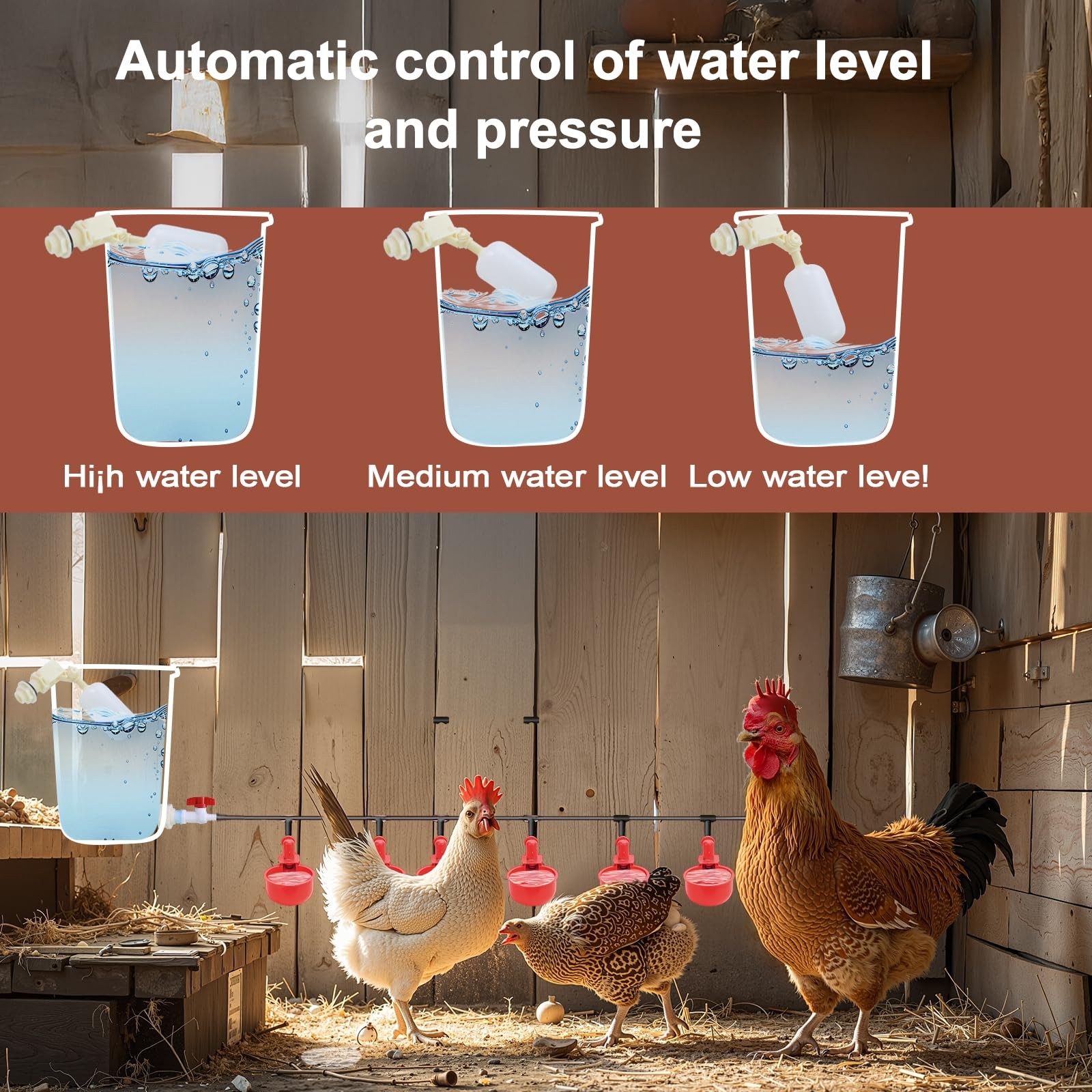 Automatic Chicken Watering System with 8 Cups, 6m Hose, Float Valve - Includes