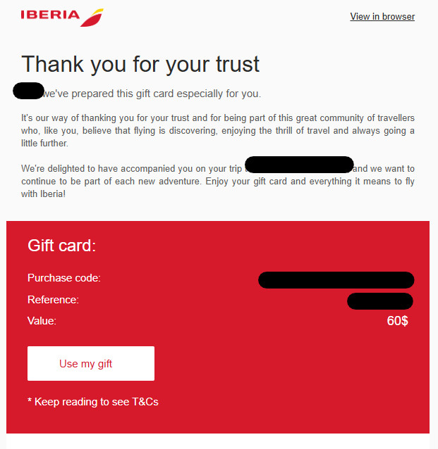 Iberia $60 Flight Voucher Gift Card