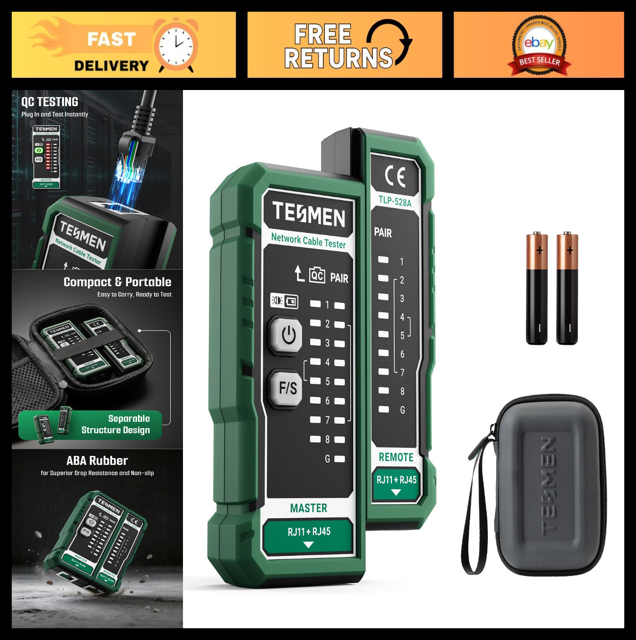 Network Cable Tester for RJ11 RJ45 Ethernet CAT5 CAT6 CAT7 - LAN TEL Continuity