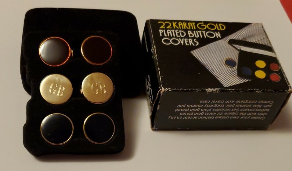 VTG 22 Karat Gold Plated Button Covers Blue Black & Personalized Engraved " GB "