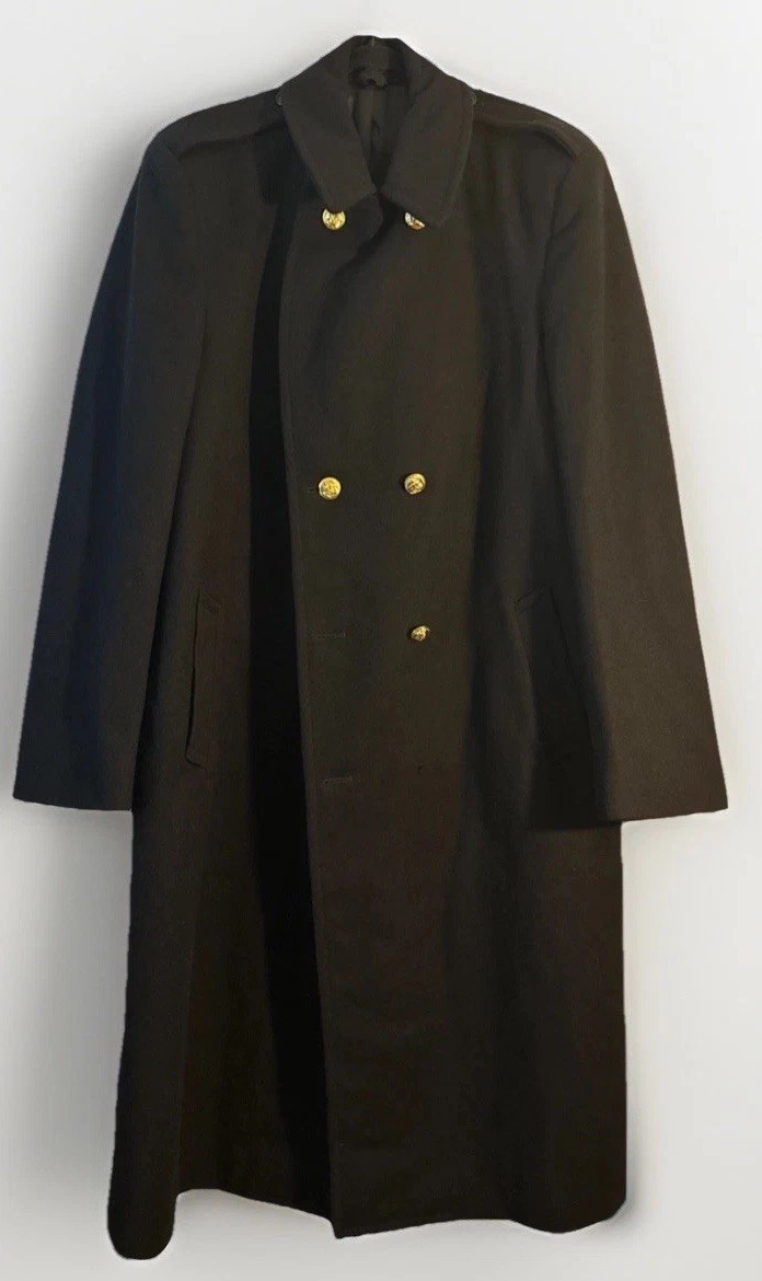 VTG. USMC Dress Blue Overcoat Neptune Garment Wool Bridge Trench Coat 50 X-Long