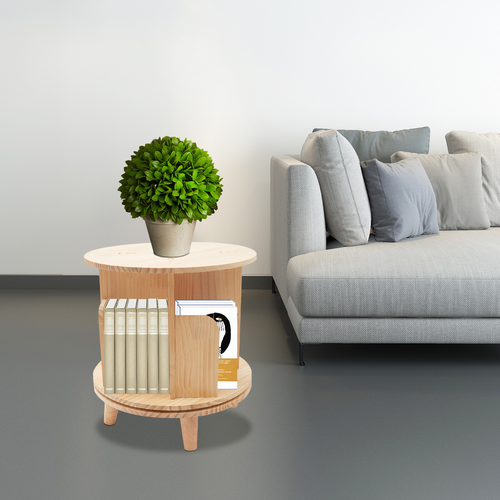 1-tier Floor Standing Solid Wood Single-layer Rotating Bookshelf 31cm H Bookcase