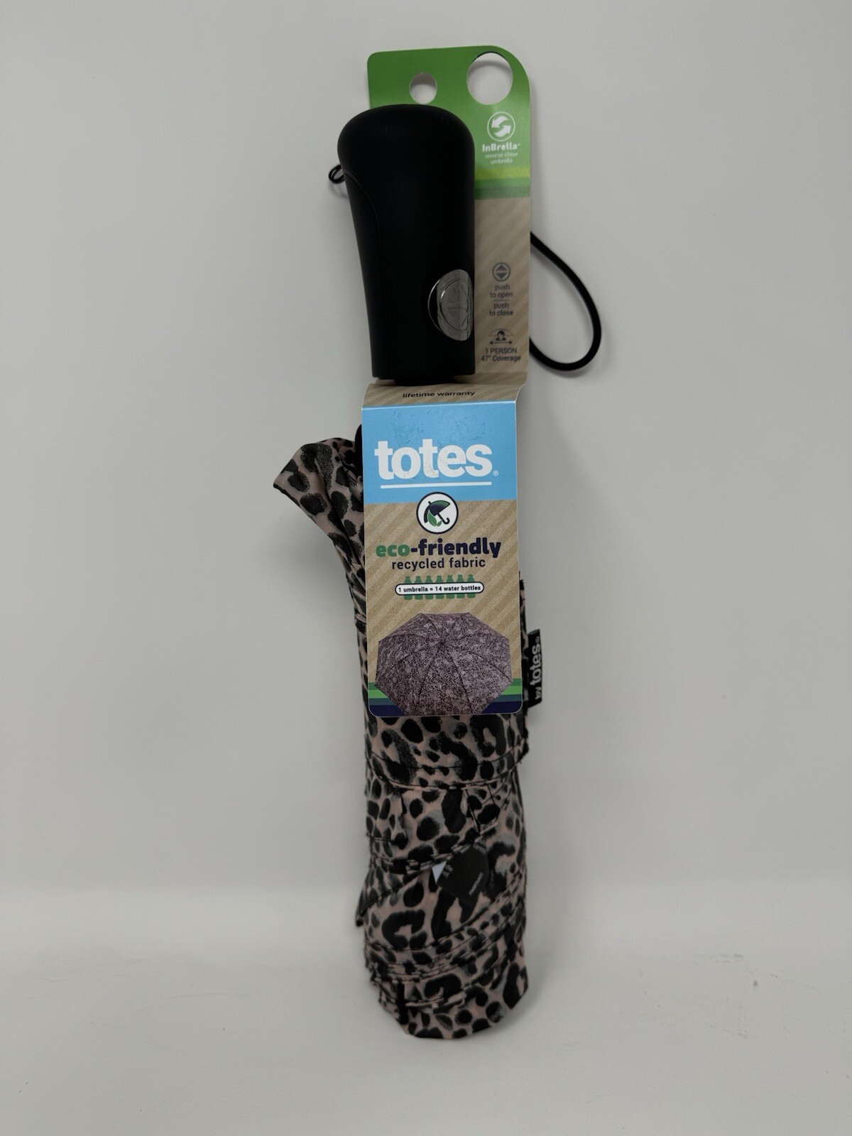 TOTES  Umbrella INBRELLA Leopard Animal Print Eco-Friendly 47" Coverage NEW