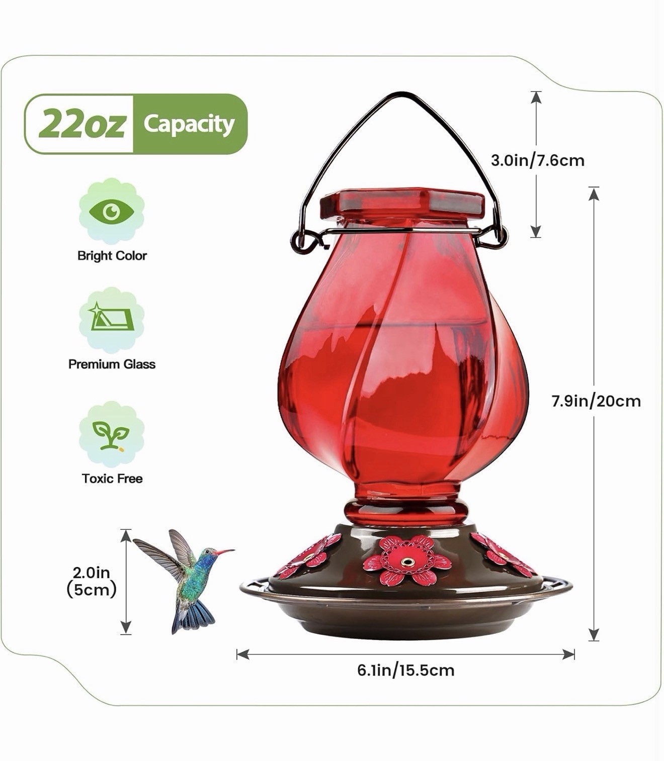 Hummingbird Feeder, BOLITE Glass Feeders for Outdoors Ruby Red