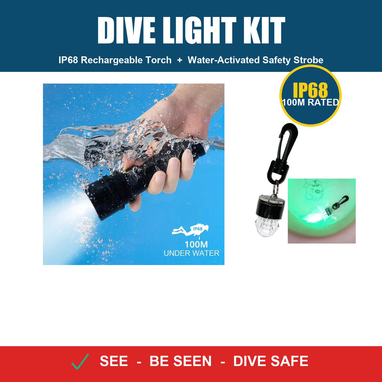 Scuba Diving Flashlight Kit IP68 100M Rechargeable Dive Torch + Safety Strobe