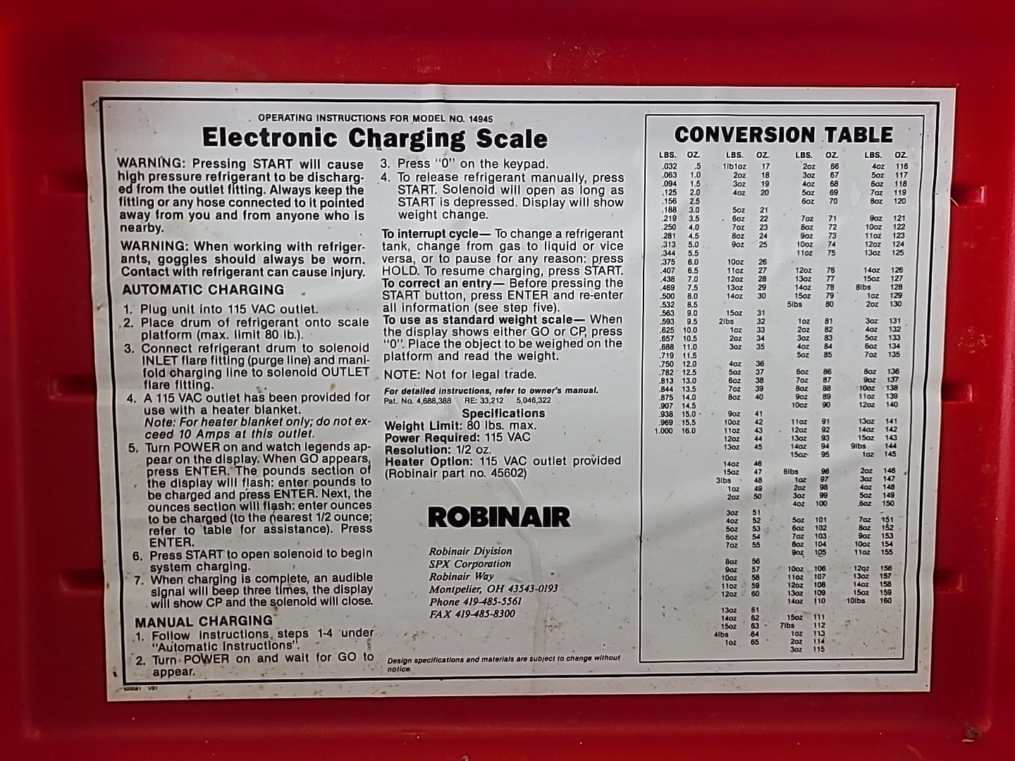Electronic Charging Scale Robinair Model 14945 115VAC