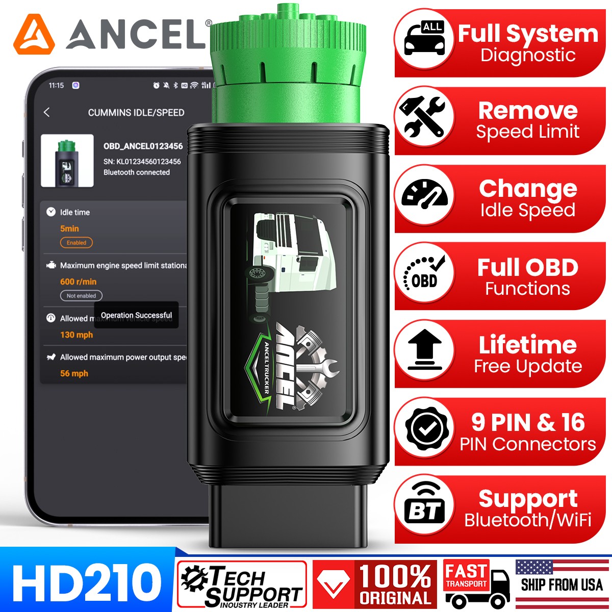 ANCEL HD210 Heavy Duty Truck Scanner Idle Speed Limit Reset For International