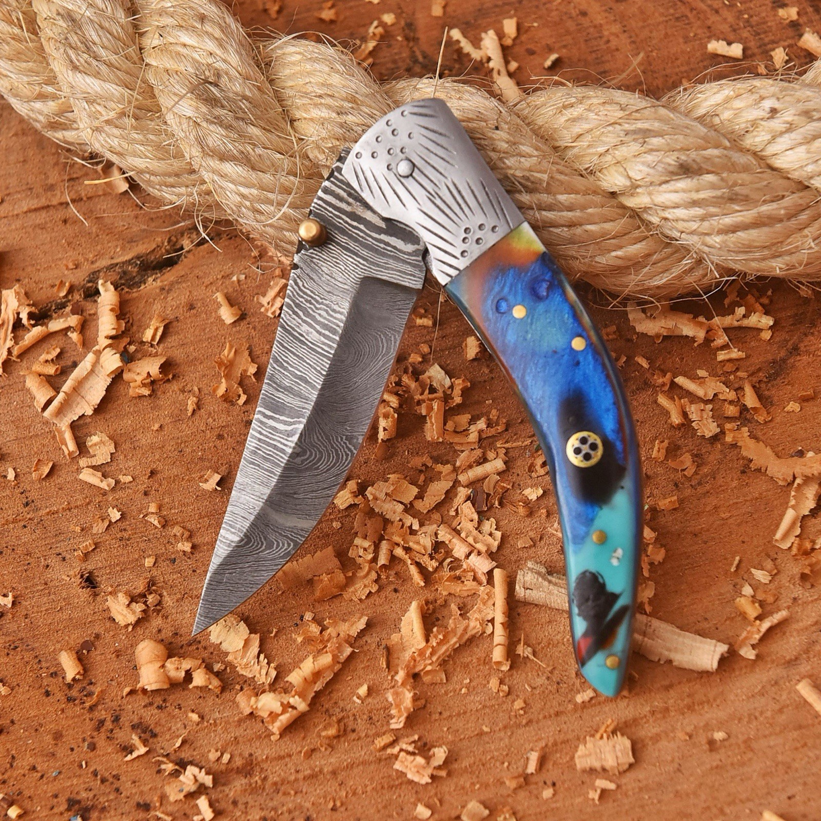 HANDMADE DAMASCUS STEEL FOLDING BLADE POCKET KNIFE CASE LEATHER