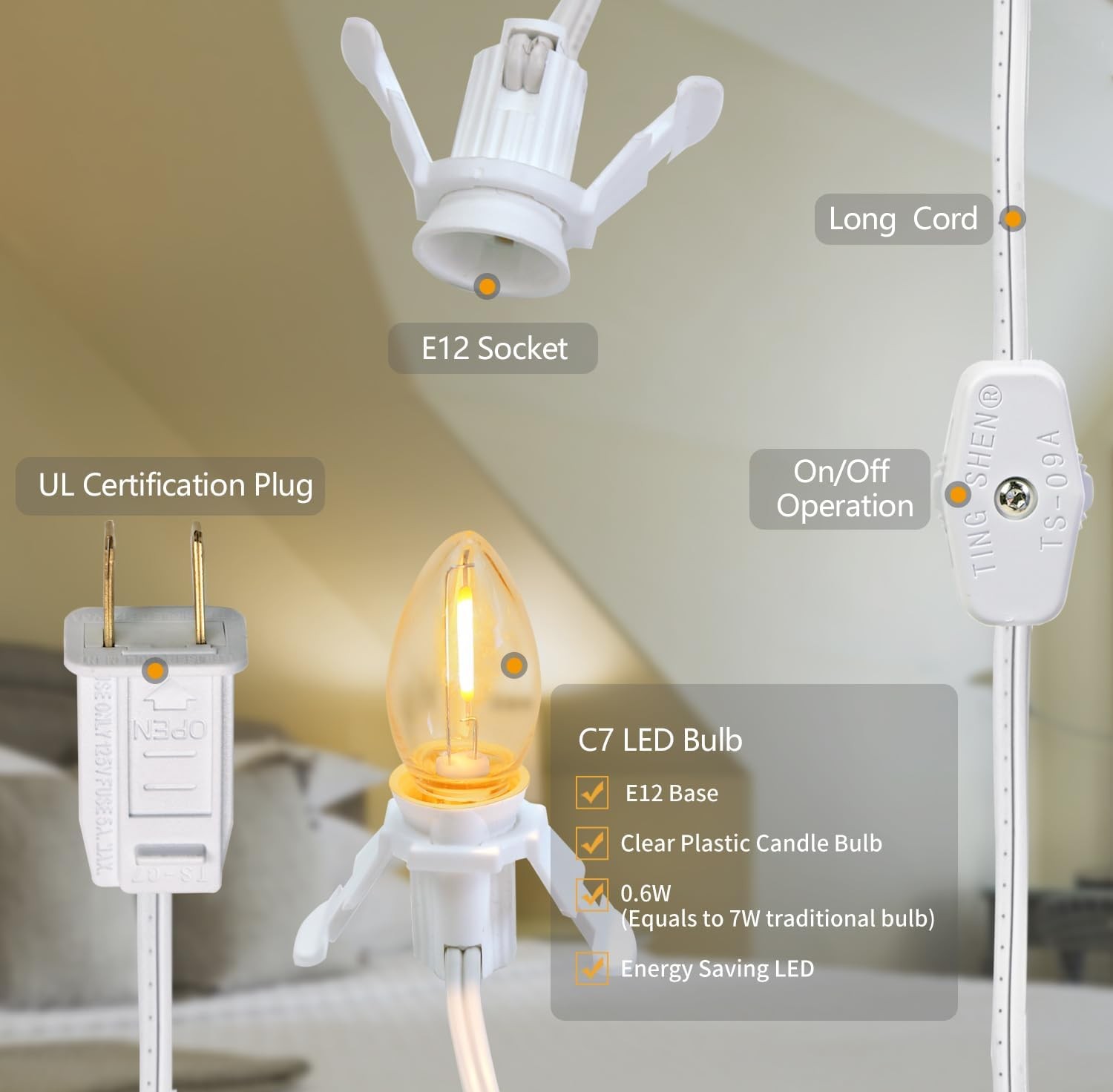 4 Pack Accessory Cord with LED Night Light Bulbs - White Cord with On/Off Switch