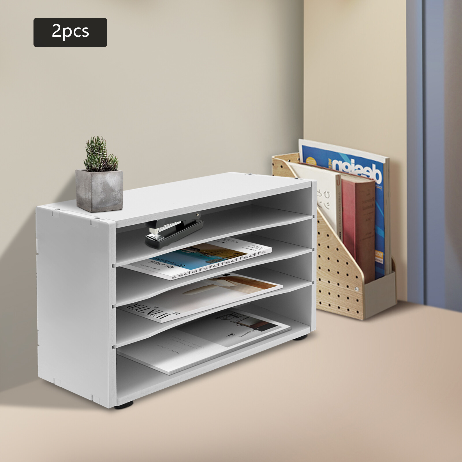 2 Pack 4 Tier Desktop File Holder White PVC Paper Organizer Rack