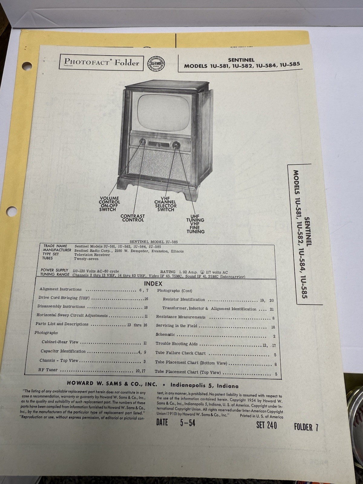 Sams Photofact Folder 7 Set 240 Sentinel TV Models IU-581 582 584 585 1954