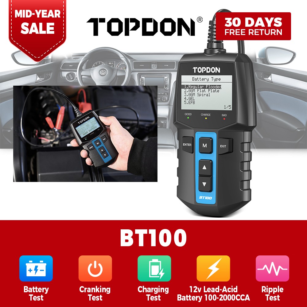 TOPDON BT100 12V Car Battery Tester Digital Alternator Load 100-2000 CCA AGM