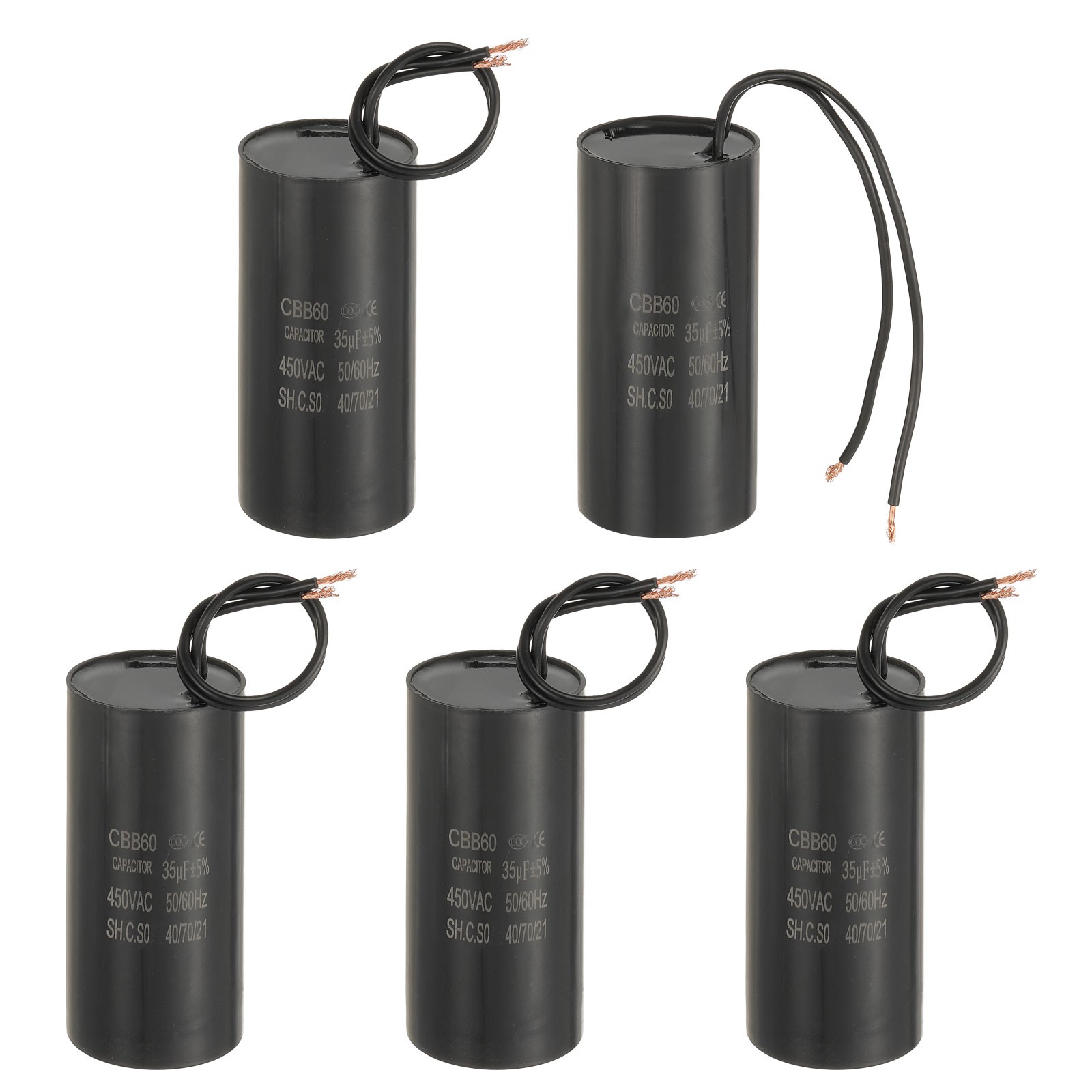 35uf CBB60 Run Capacitor, 5 Pcs AC 450V 2 Wires 50/60Hz Capacitor 90x41.5x90