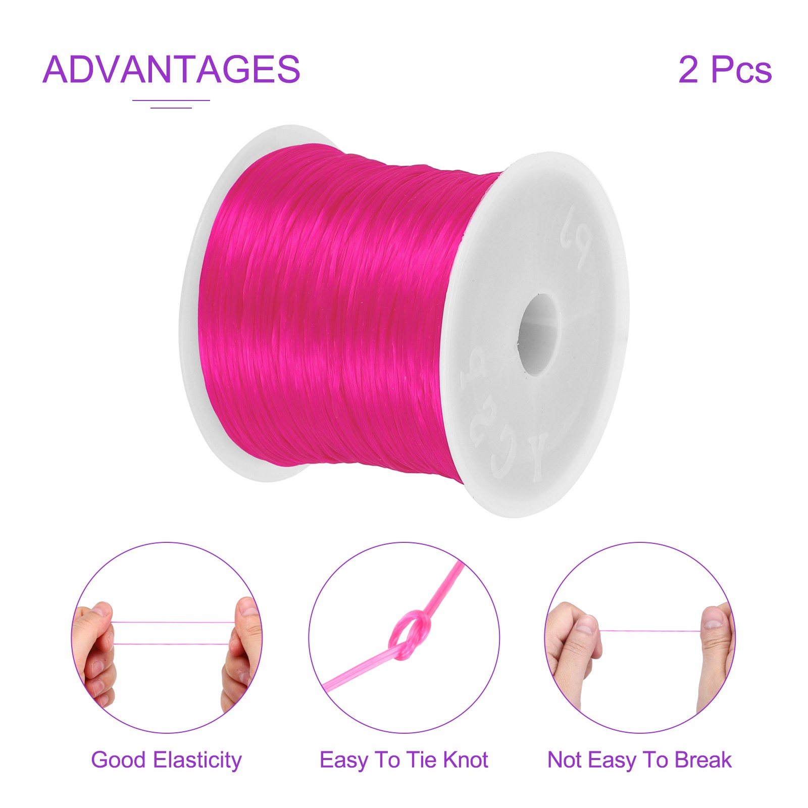 2 Rolls Elastic String for Bracelets, 1mm Stretch Bead Cord Rose Red, 100m