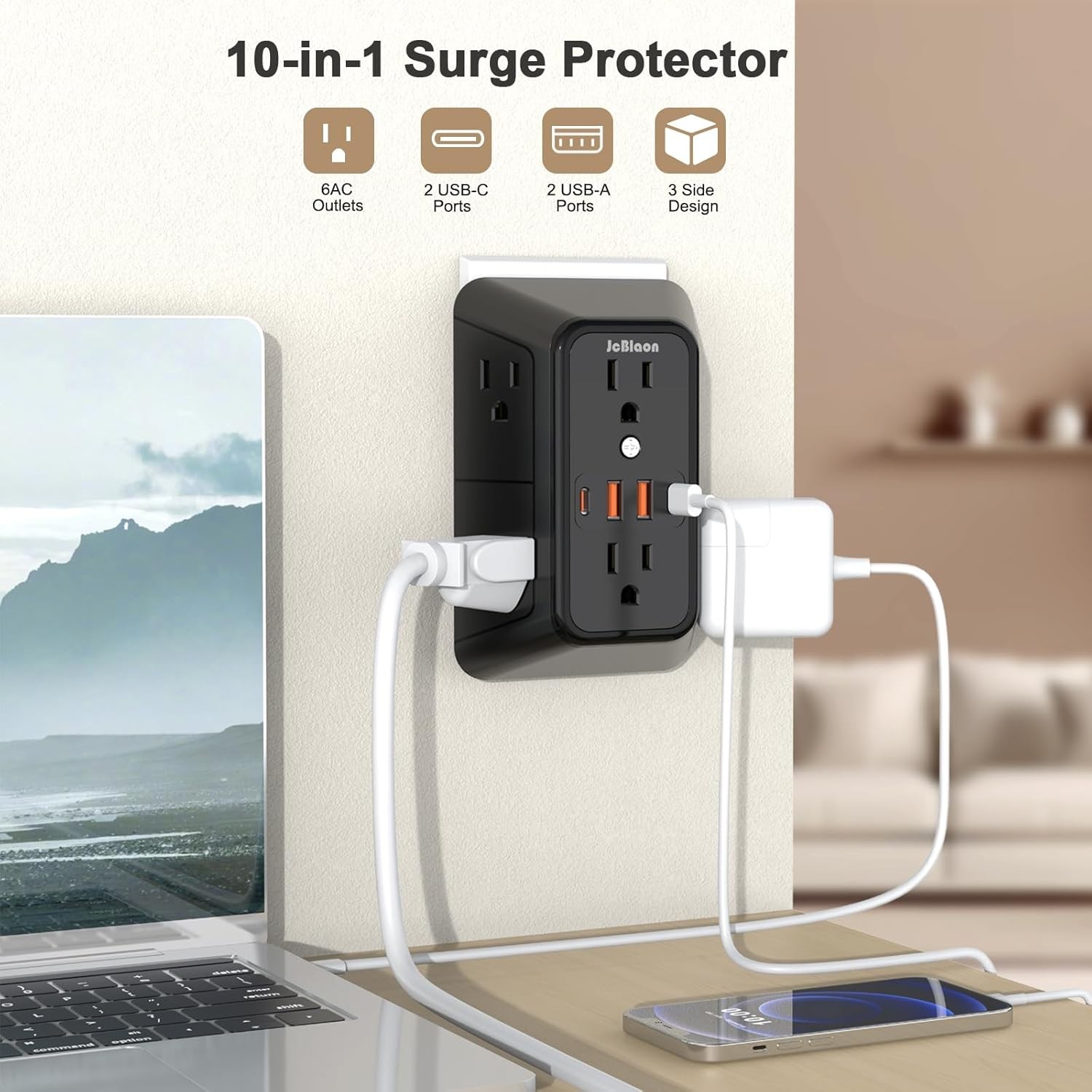 6 Outlet Surge Protector Wall Adapter – Multi Plug Extender w/4 USB Ports, Black