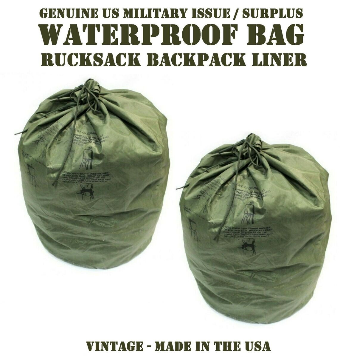 2 Used Military Wet Weather Bags, Rucksack Liner, Waterproof Bag US OD Green VGC