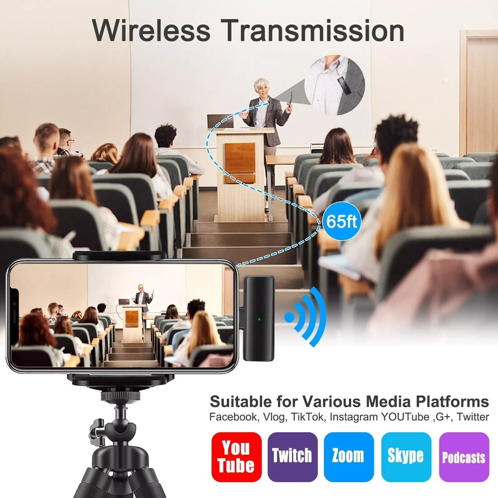 Professional Wireless Lavalier Microphone Recording Mic Interview Video Podcast