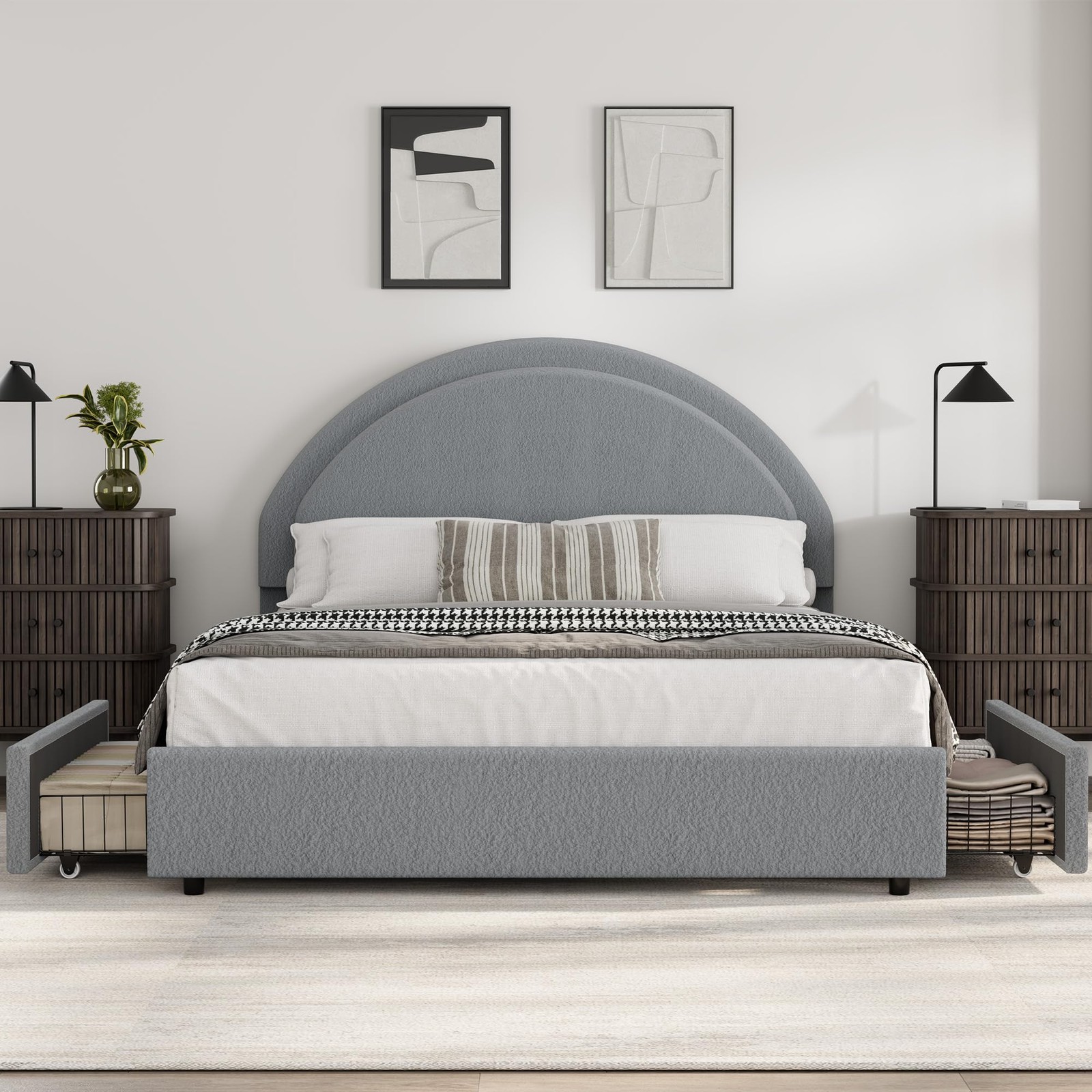 Queen Size Bed Frame ,Upholstered Platform Bed with Headboard & 2 Drawers ,Gray