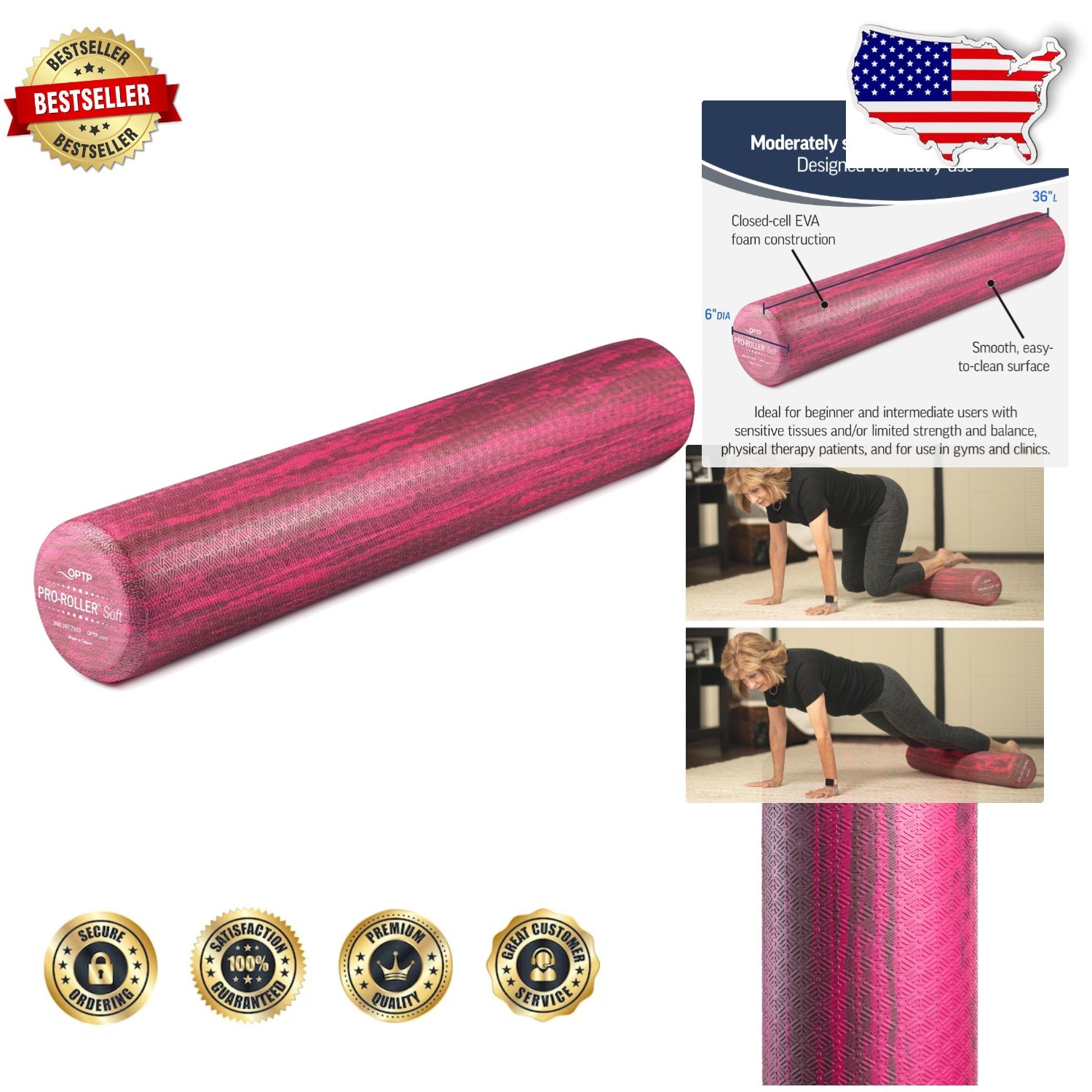 Soft Density Foam Roller 36" Pink | Professional Grade EVA for Therapy & Massage