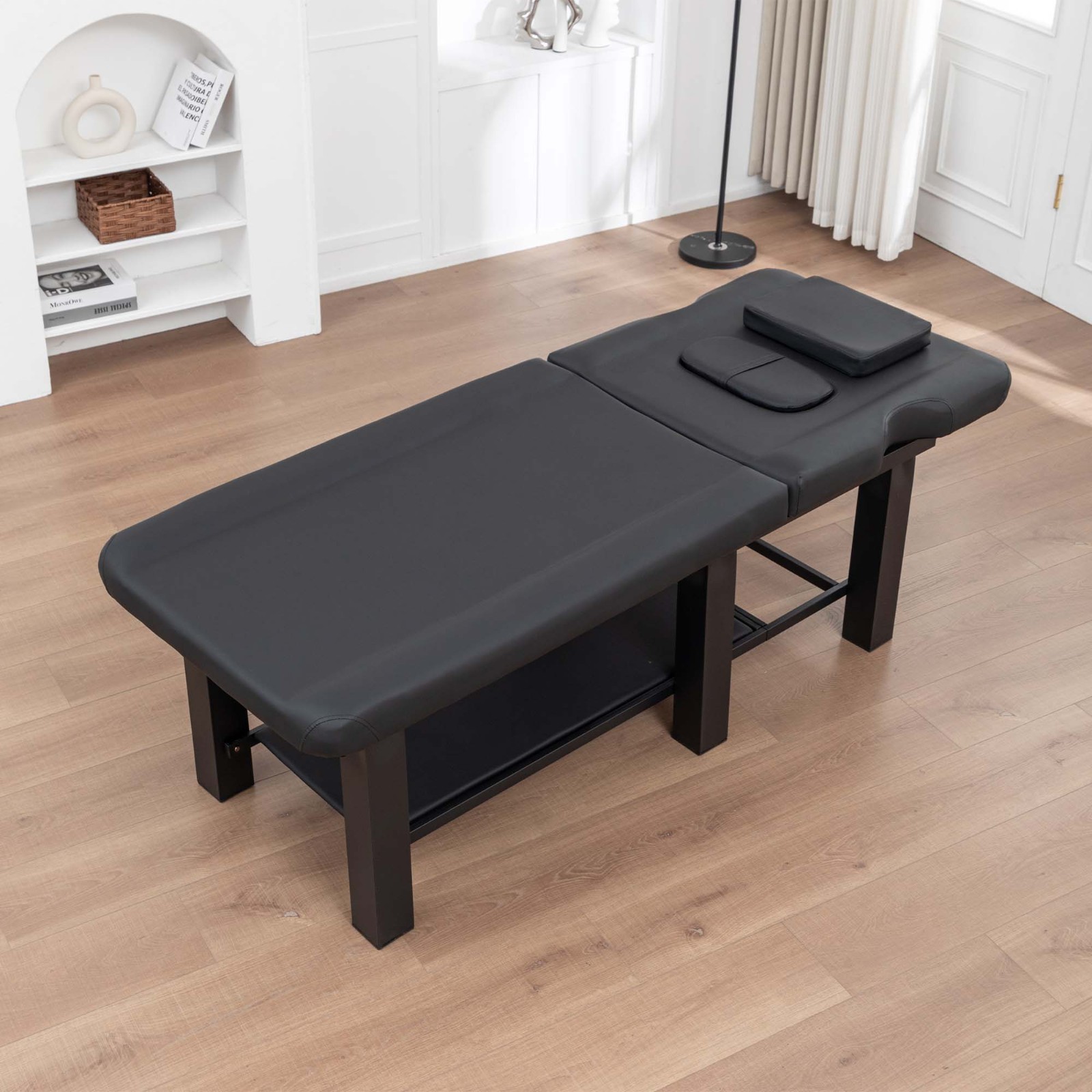 Spa Salon Massage Table w/Bottom Storage&Adjustable Backrest&Detachable Headrest
