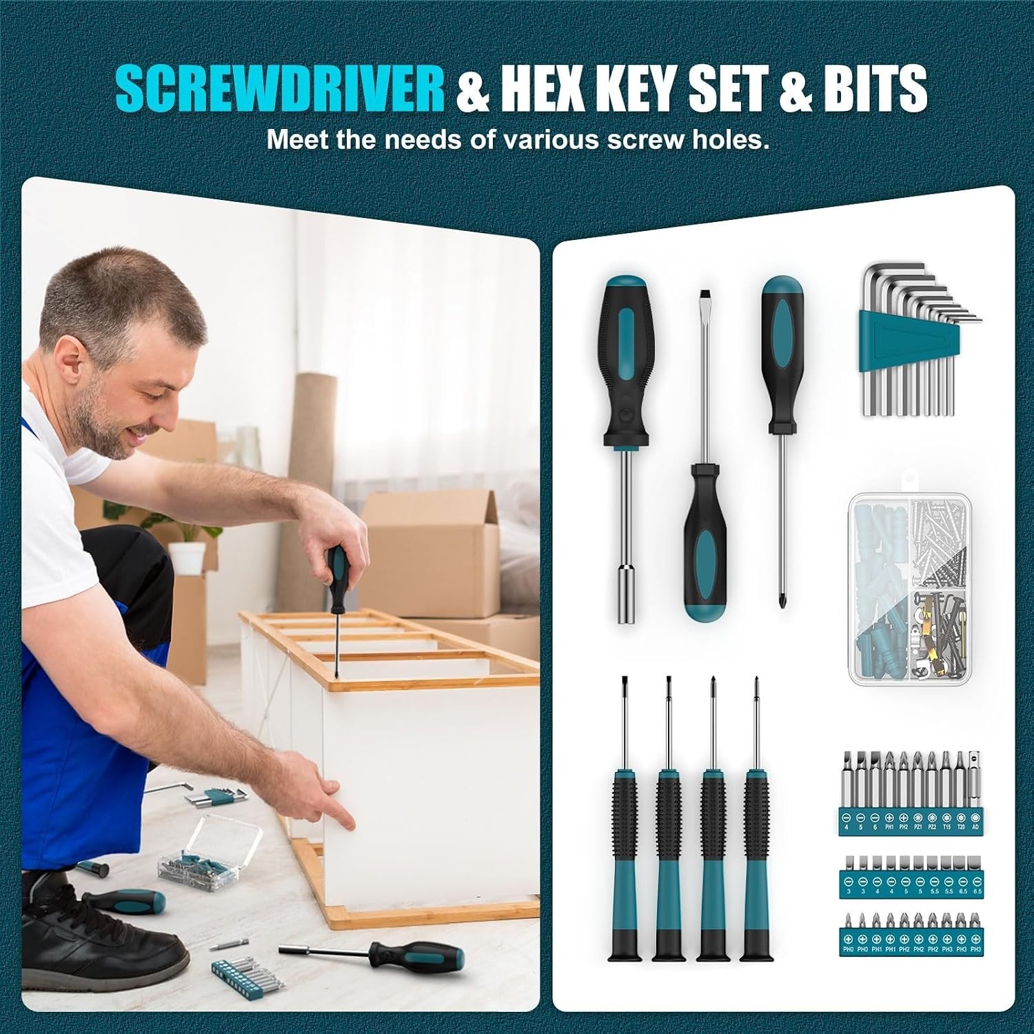 206PC Portable Basic Home Tool Kit Set with 12V Cordless Drill Blue | with Ad...