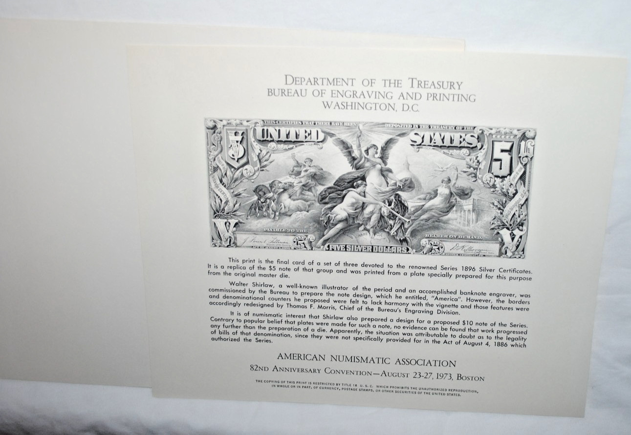 1973 Dept of Treasury, Bureau of Engraving souvenir print, $5 Silver Certificate