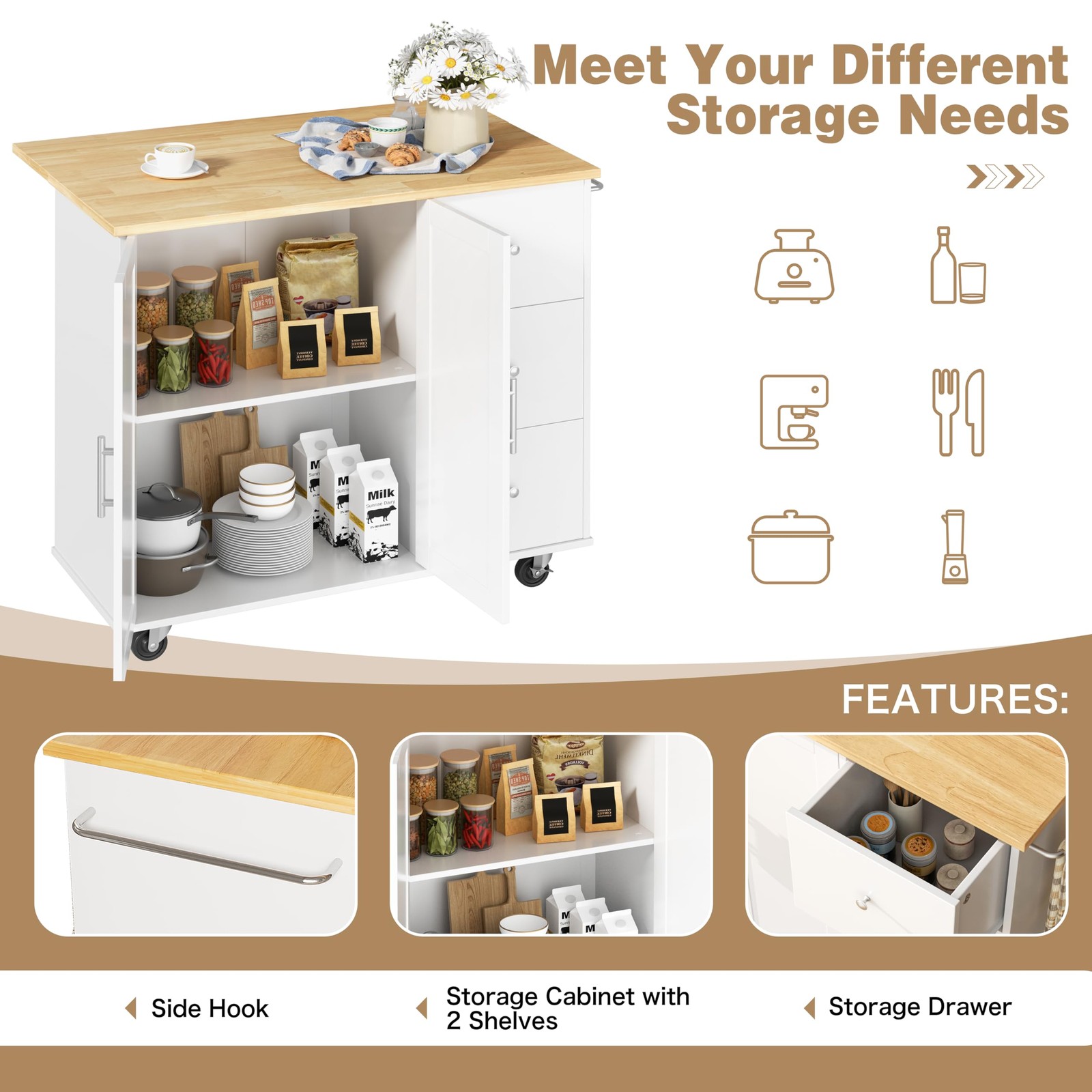 Kitchen Island with Folding Drop Leaf, Rolling Island Table with Storage, Kit...