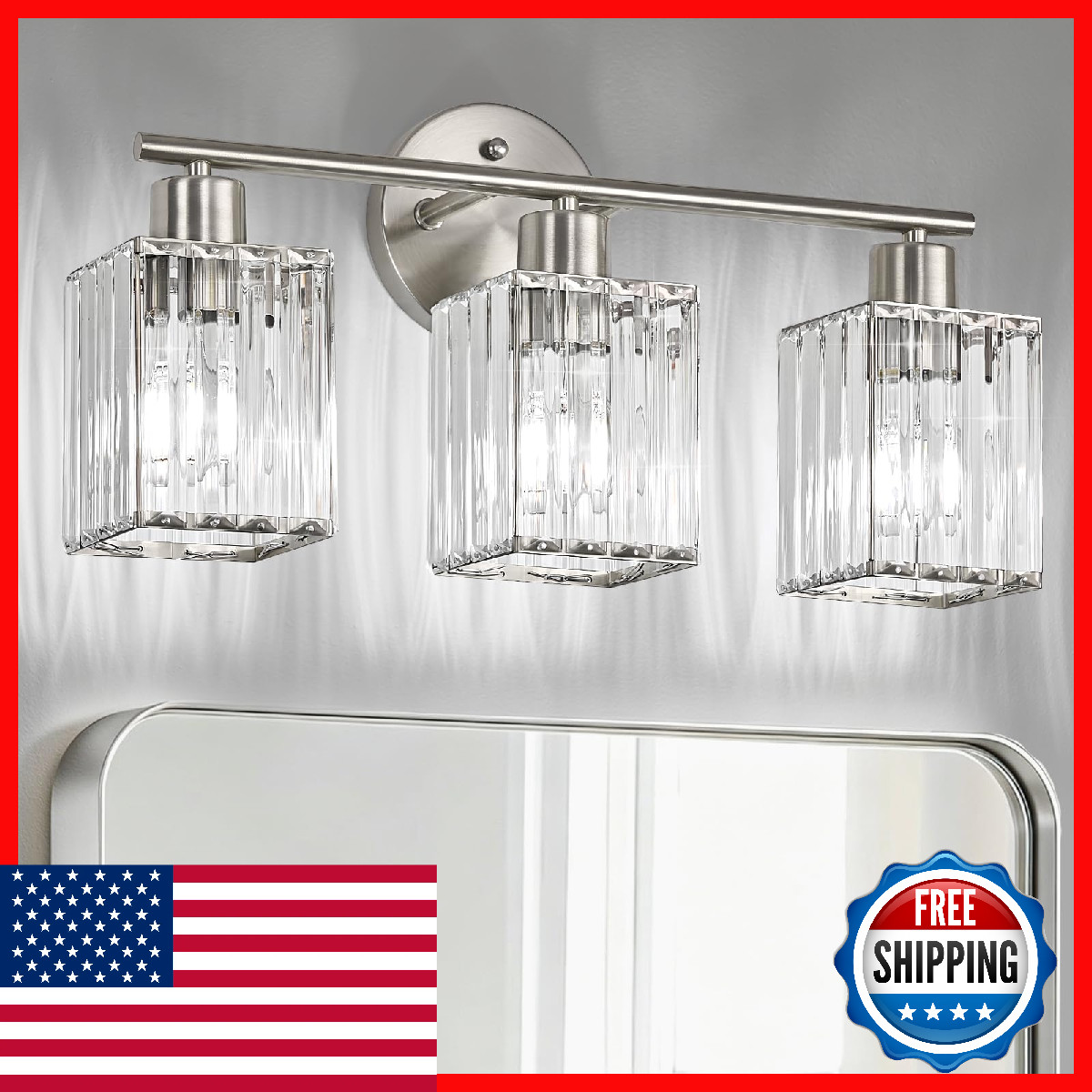 Htejve Modern Crystal Bathroom Light Fixtures 3 Light Brushed Nickel Bathroom