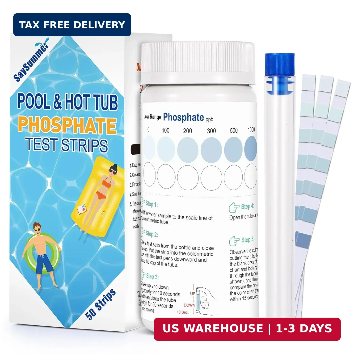 Phosphate Test Kit for Pool Hot-Tub: 50 Counts Water Phosphate Test Strips for S
