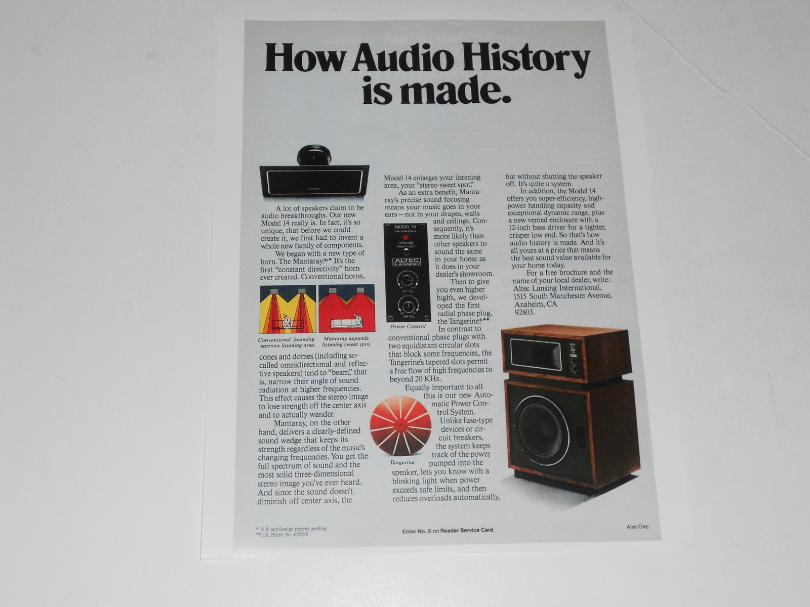 Altec Model 14 Speaker Ad, Mantaray Horn Info, 1 page, 1975