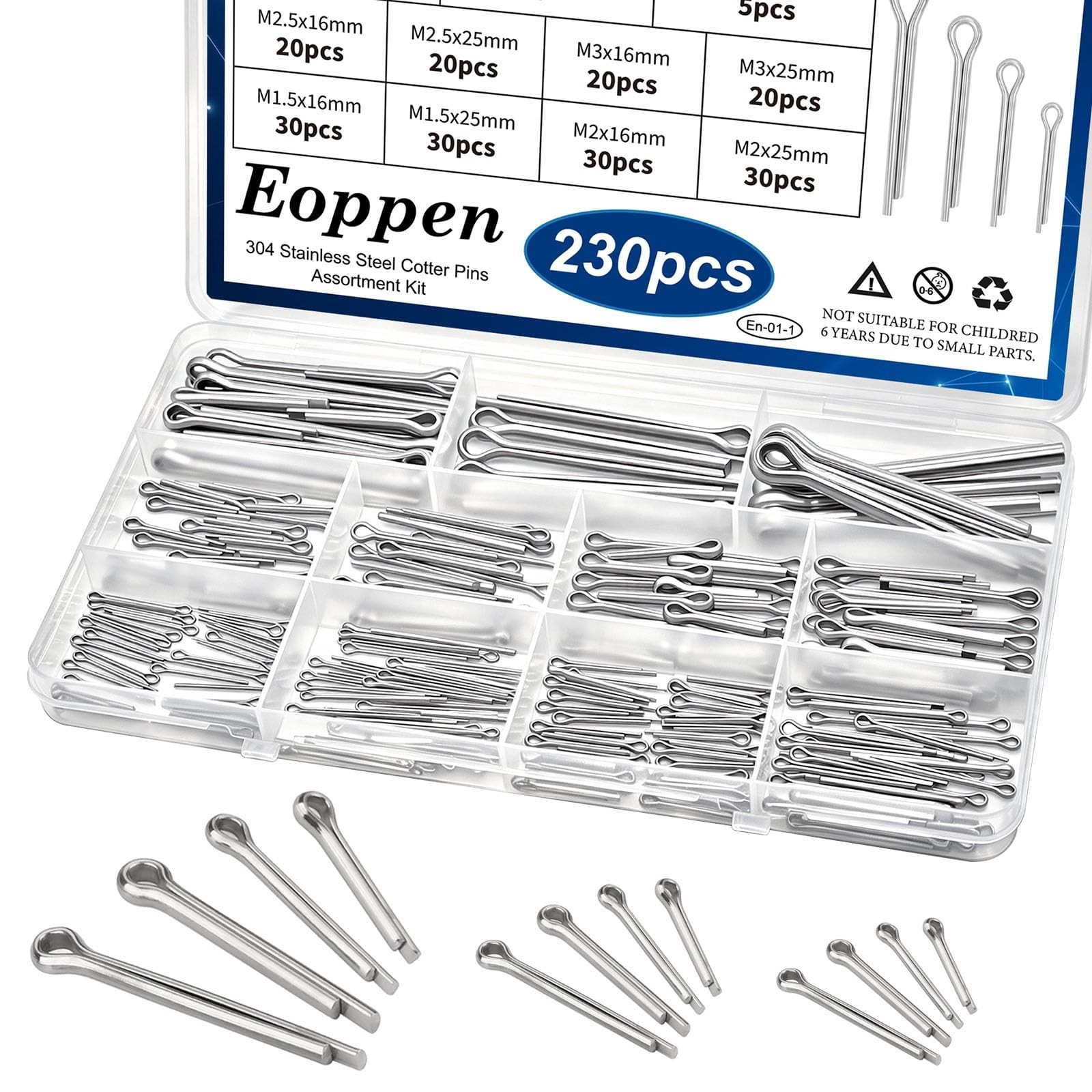 230Pcs Cotter Pin Assortment Kit - 304 Stainless Steel 12 Sizes Cotter Pin Se...