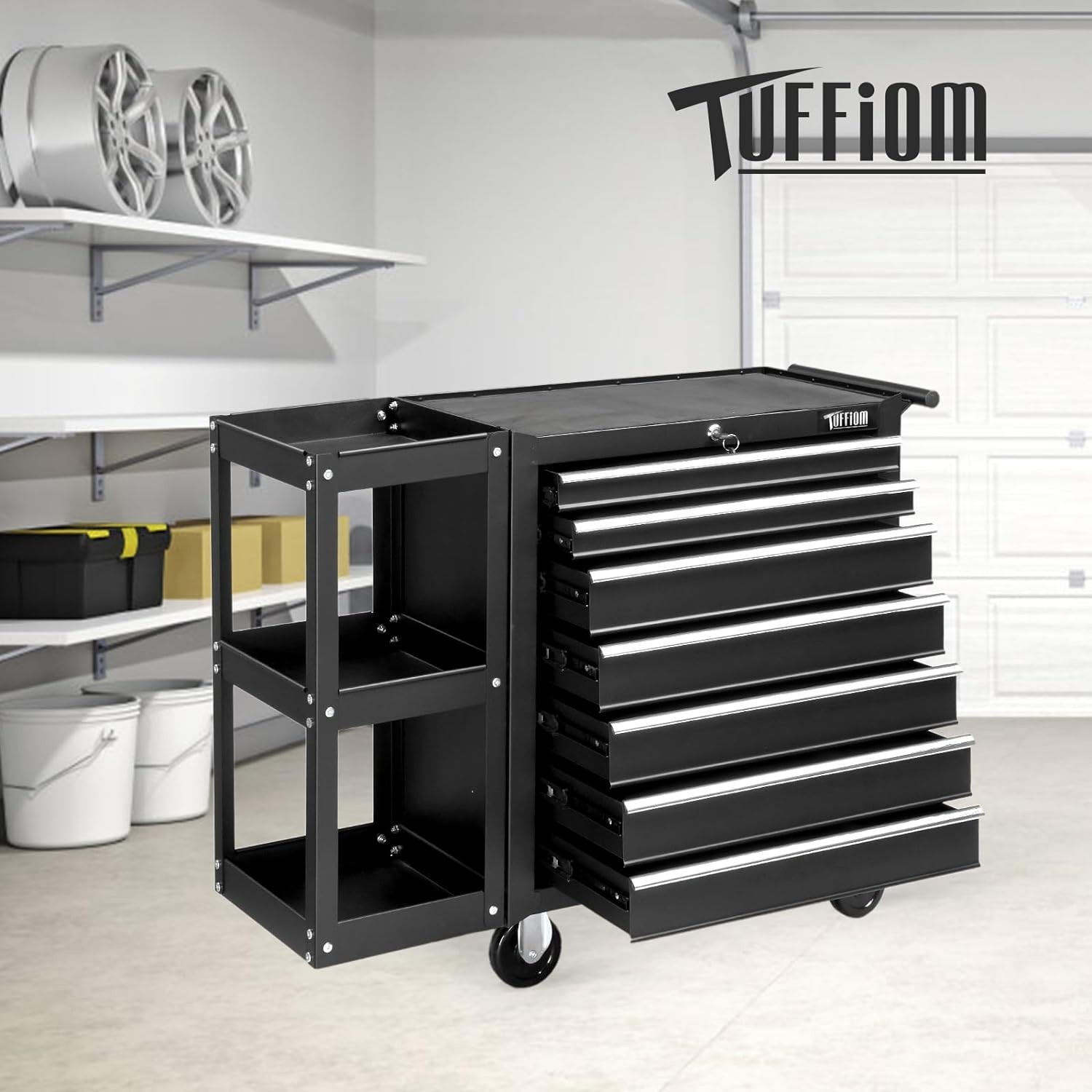Tool Chest Rolling Tool Chest with 7 Drawers, Lock & Key, Drawer Liners - Black