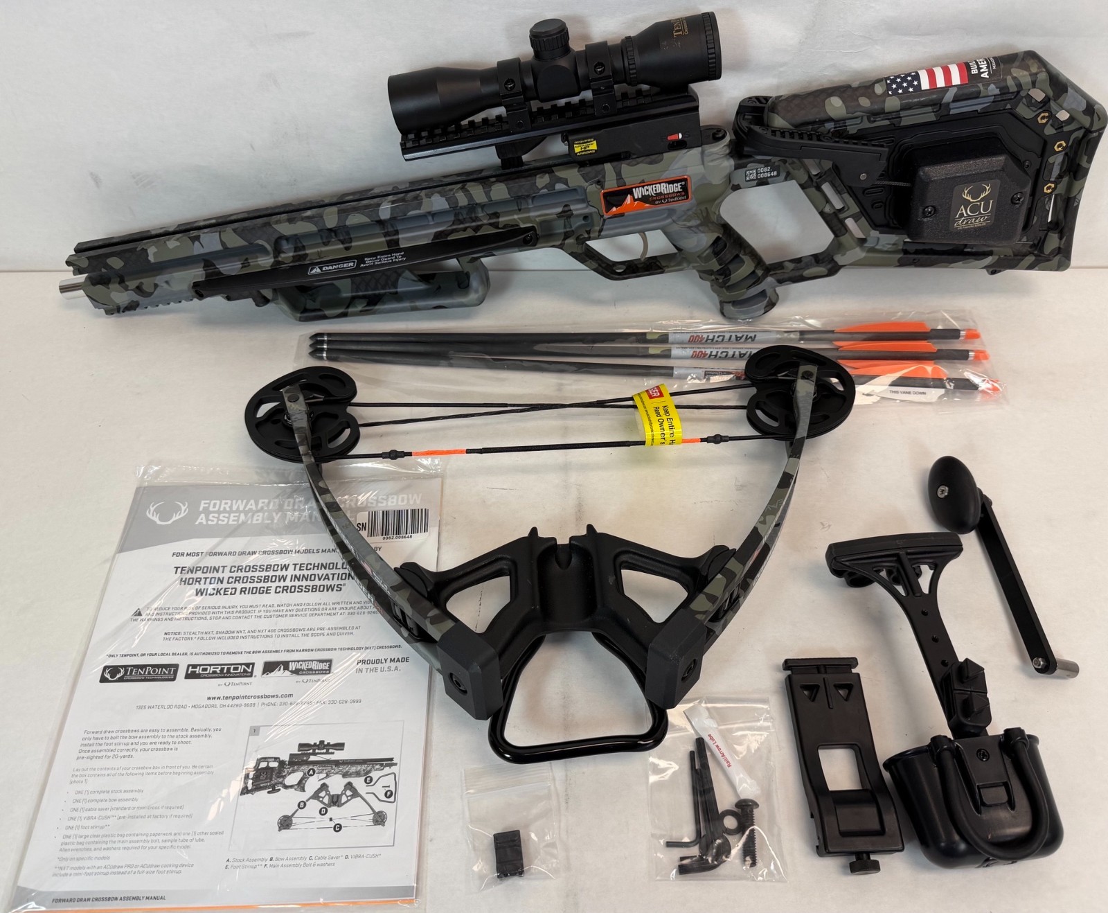 Used- Wicked Ridge Commander M1, ACUdraw, Multi-Line Scope (Peak Camo) -FREE S/H
