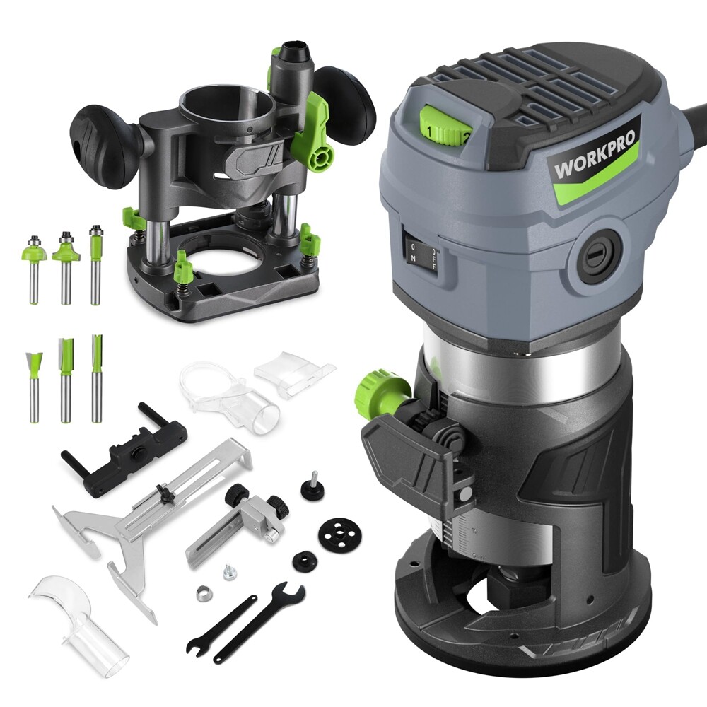 WORKPRO 6.5 Amp Compact Router Combo Fixed Plunge Base Router 6 Speeds 32000 RPM