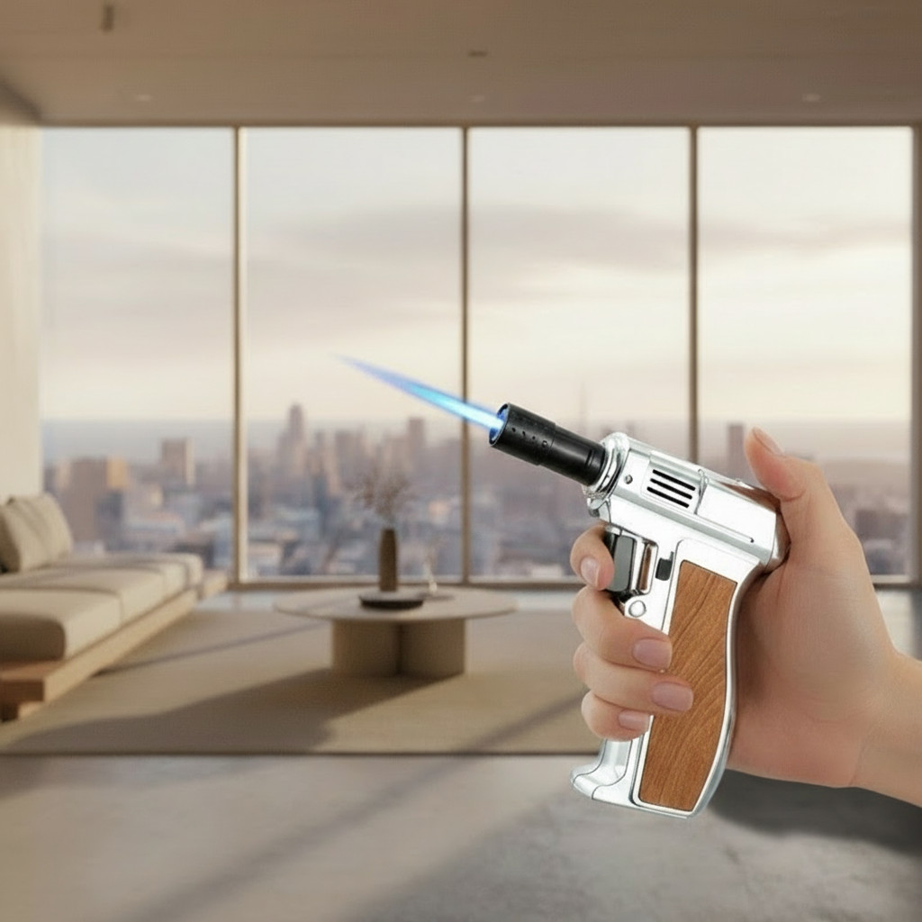Butane Lighter Torch, Silver, Pistol-grip Handle