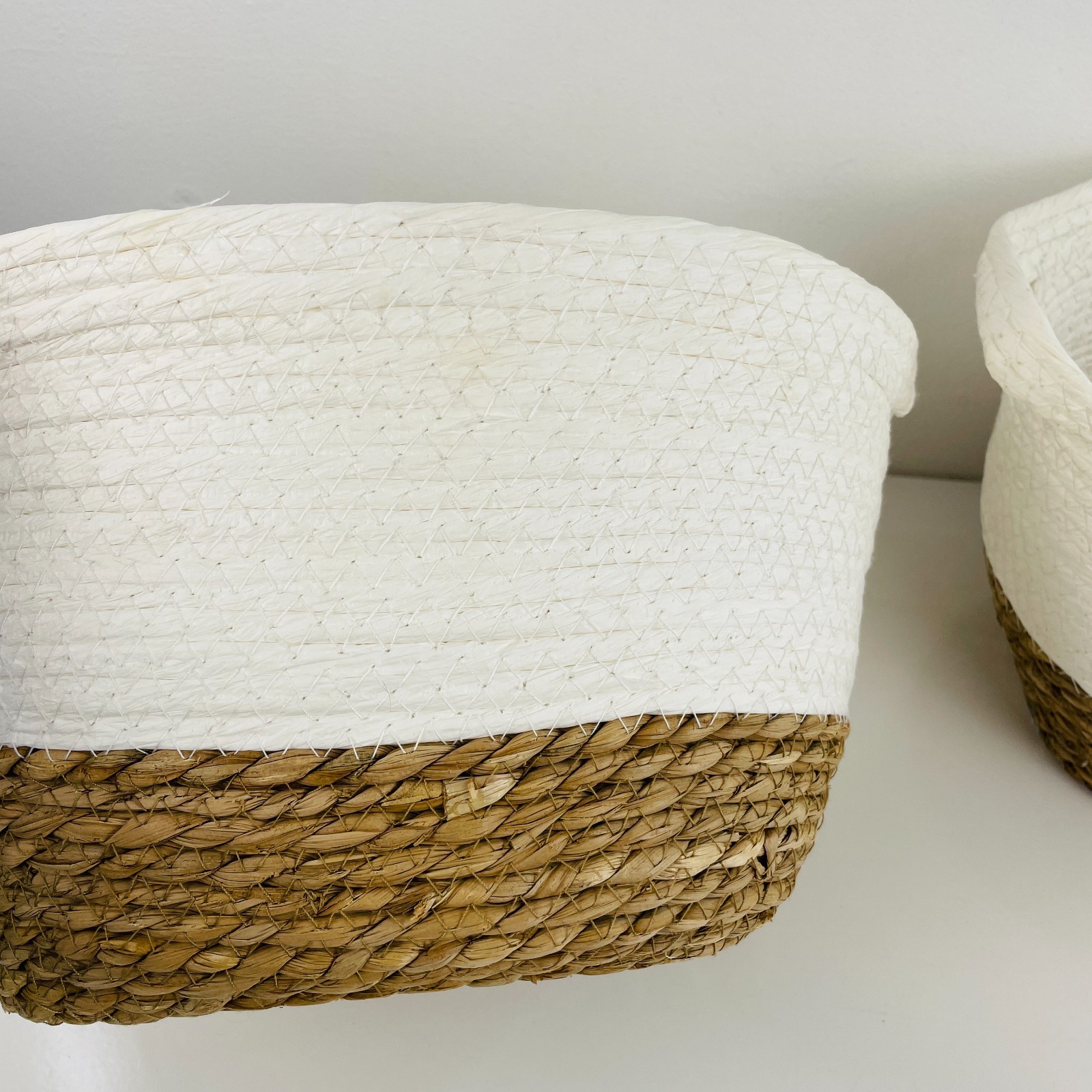 2 NWT Hobby Lobby Decorative Baskets White Fabric Ratan Pure Thoughts Collection