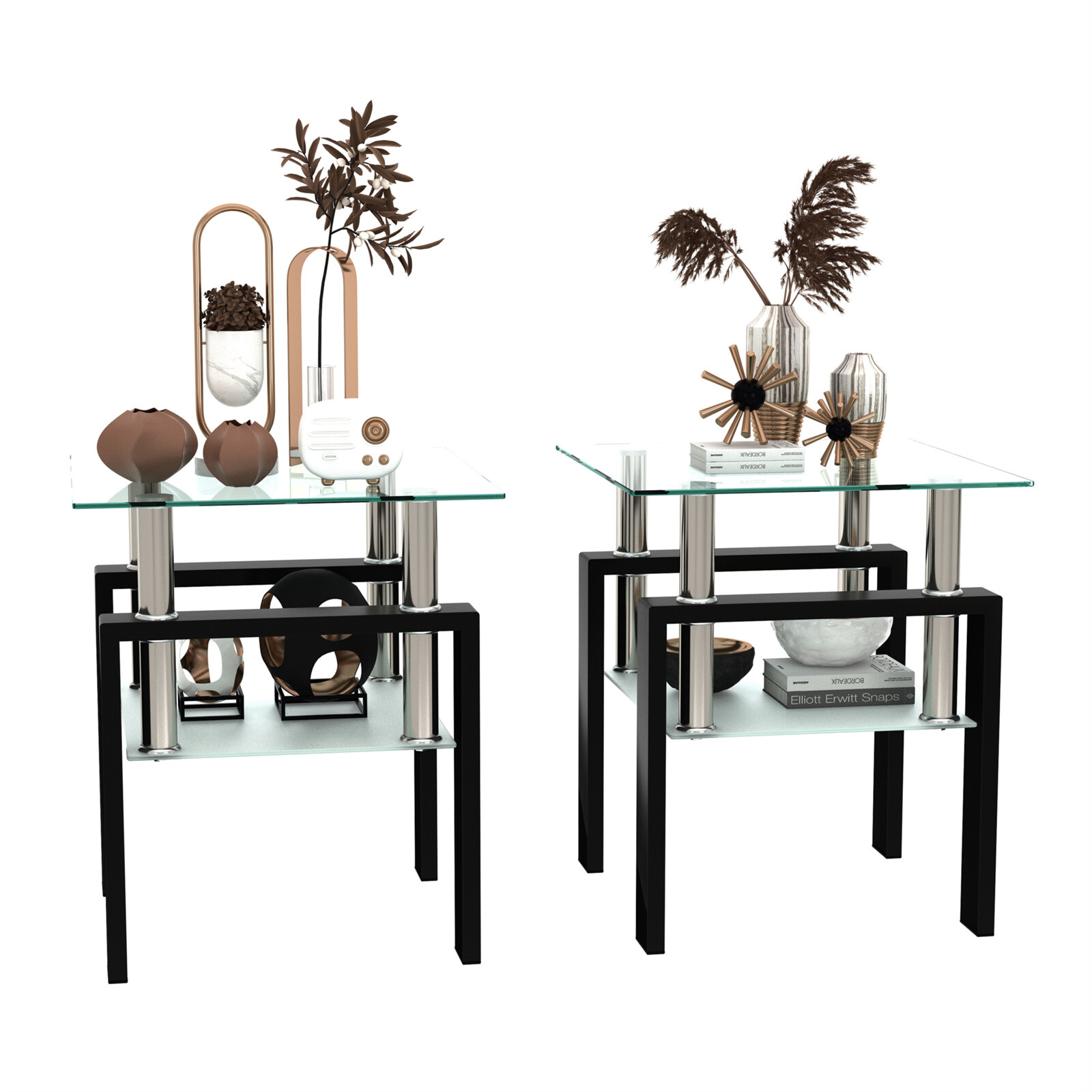Modern Tempered Glass Set of 2 Coffee Table Tea Table Square Table End Table