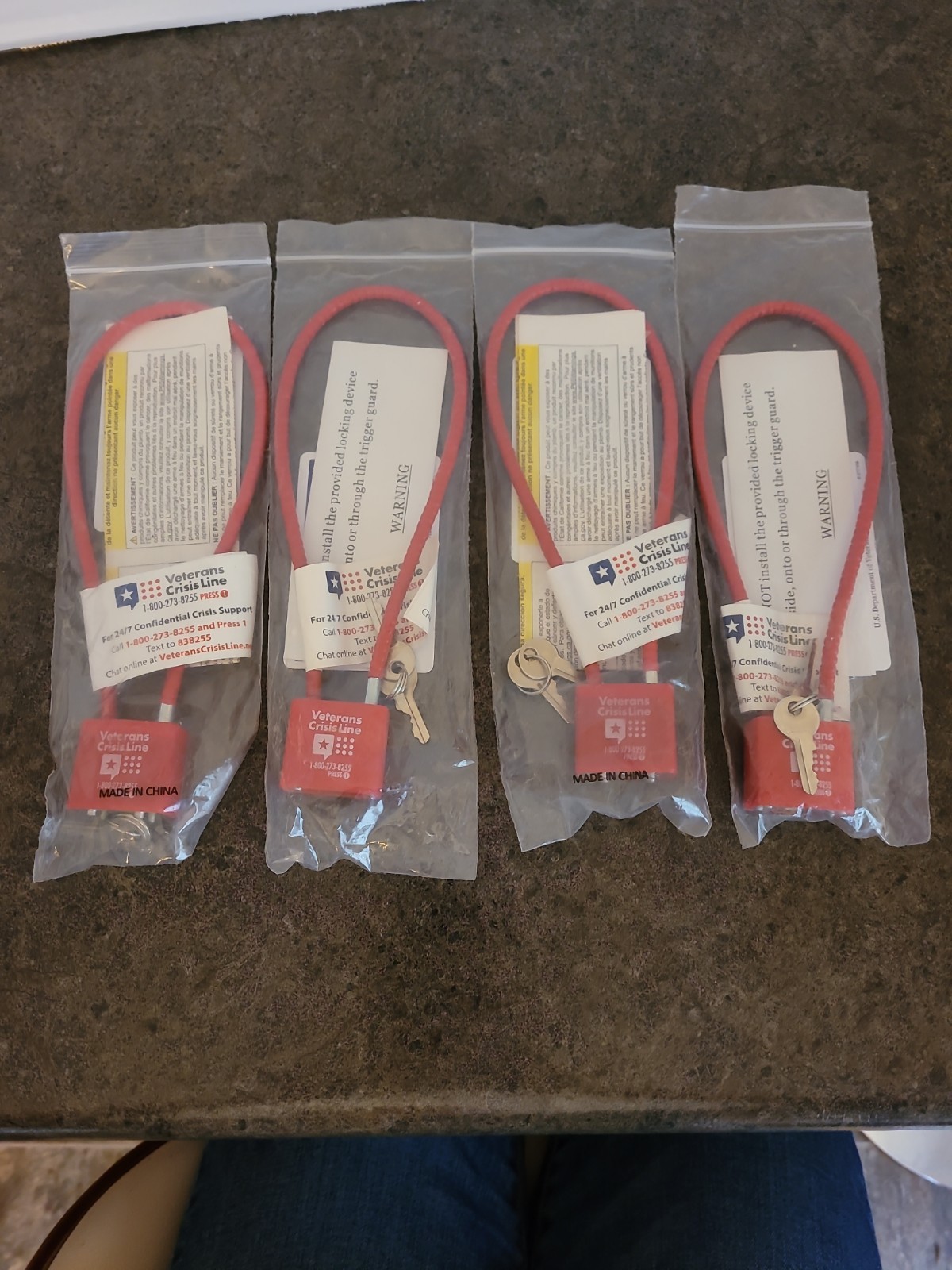 NEW Sealed (4) Veterans Confidential Crisis Line Cable Gun Lock with 2 Keys Red