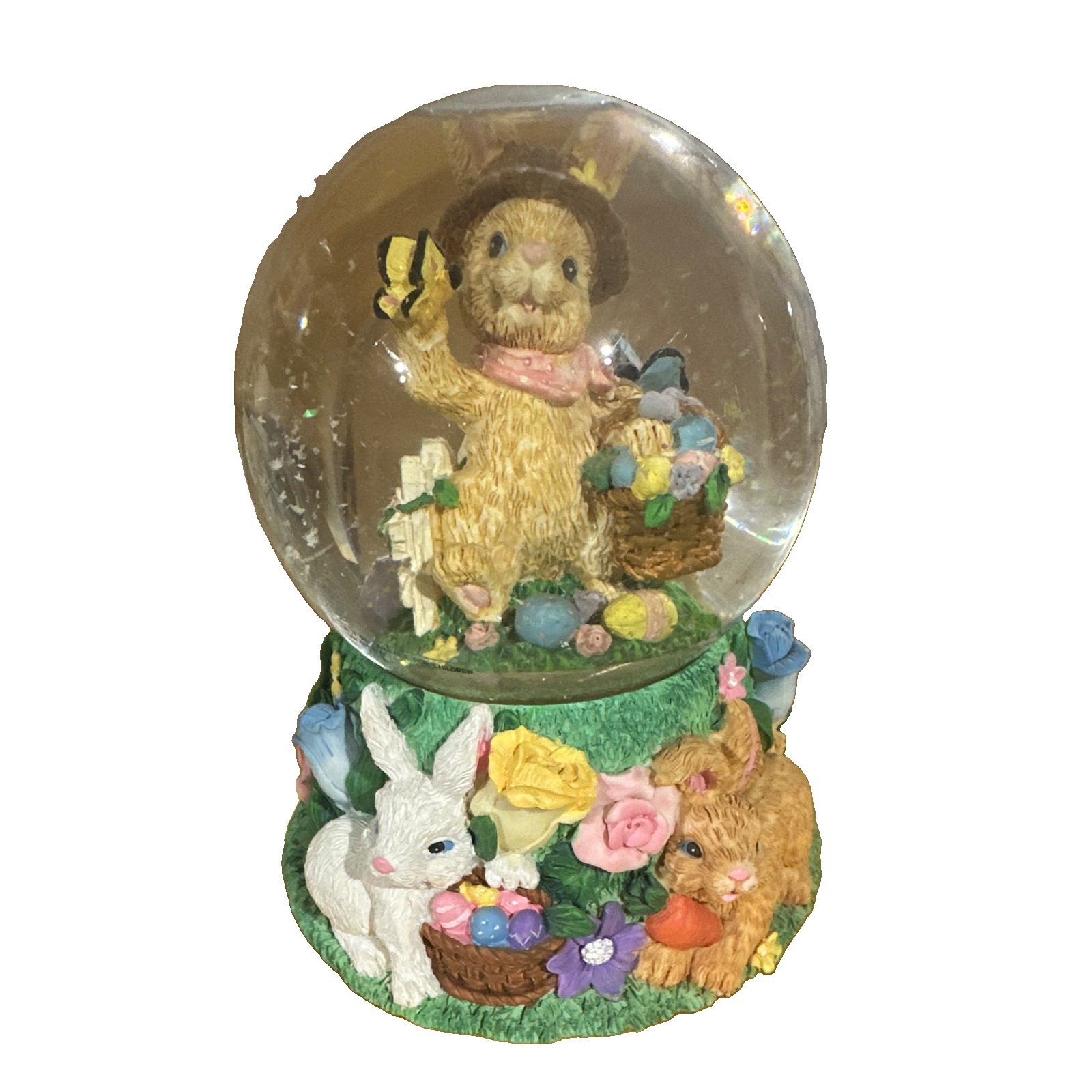 Easter Bunny Rabbit Floral Snow Globe, Multicolor Glass Round 3D Effect